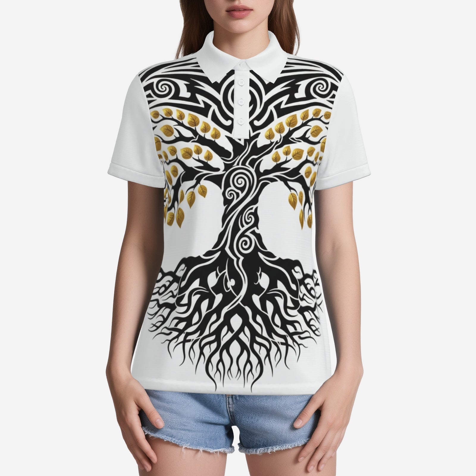 QuinZen Abstract:  "Gilded Roots" Women’s Polo