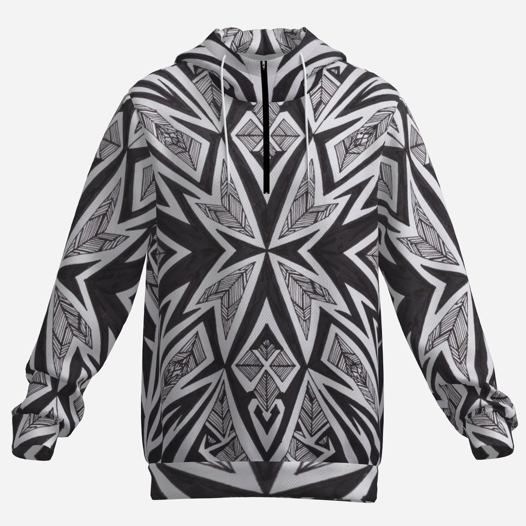Midnight Starburst Hoodie – Black & White Tribal Geometric Streetwear
