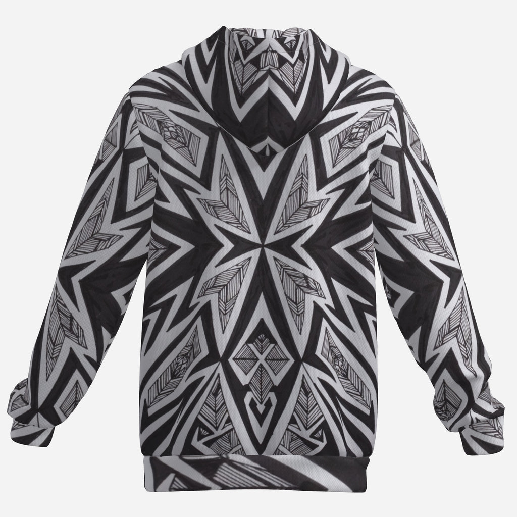 Midnight Starburst Hoodie – Black & White Tribal Geometric Streetwear