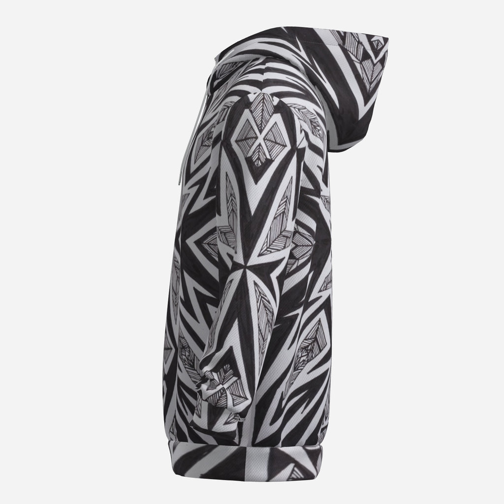 Midnight Starburst Hoodie – Black & White Tribal Geometric Streetwear