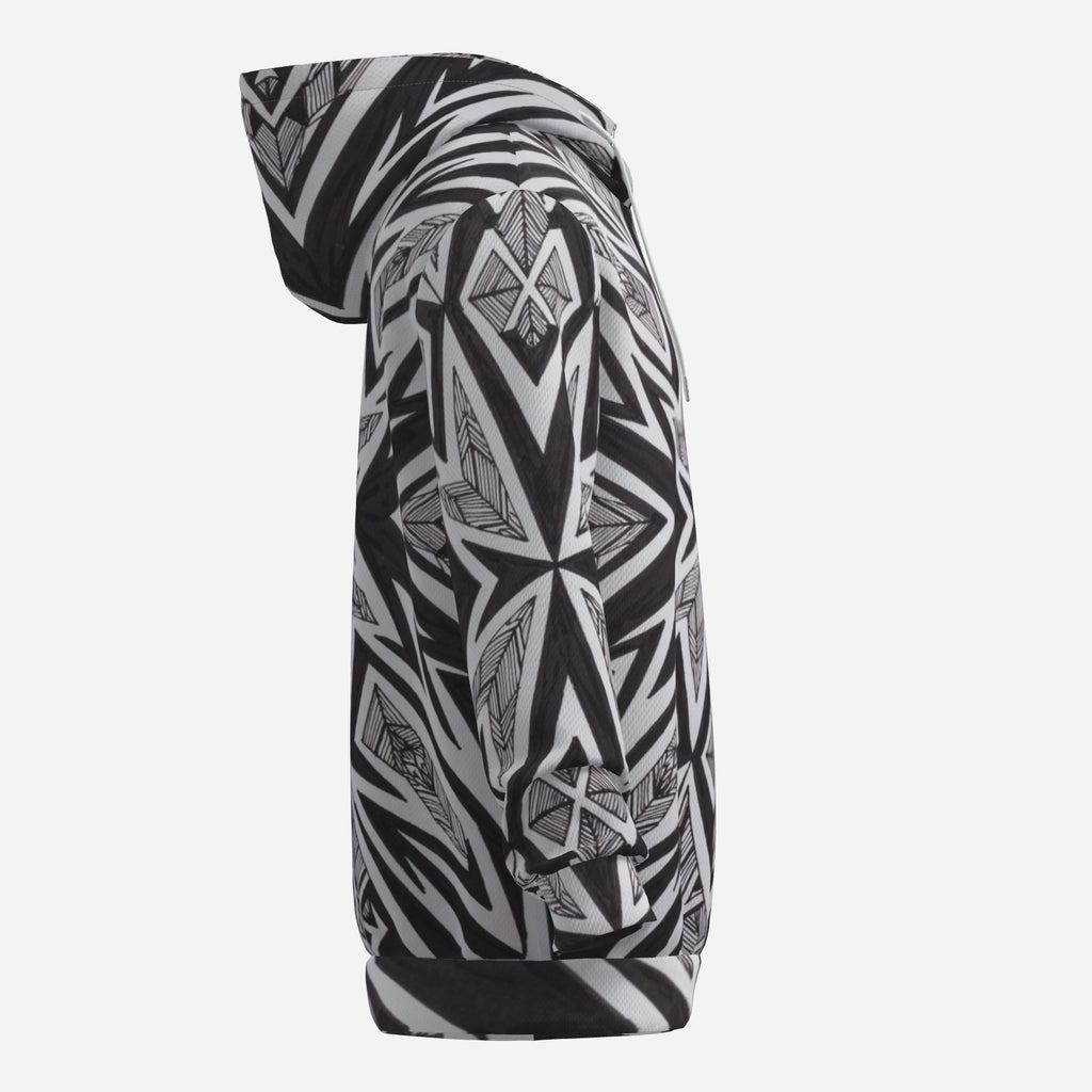 Midnight Starburst Hoodie – Black & White Tribal Geometric Streetwear