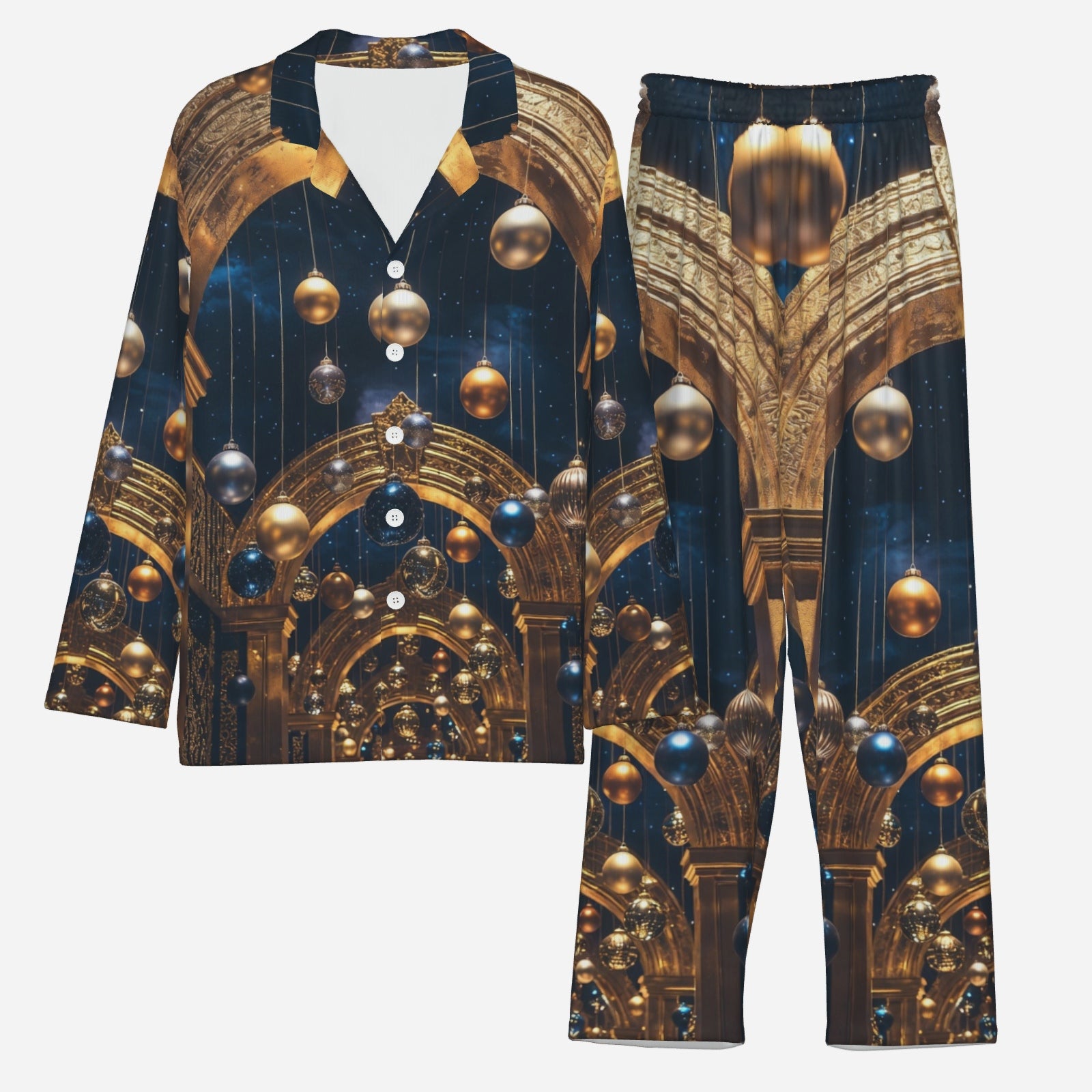 Gilded Arch Pajama Set – Luxury Holiday Button-Top & Lounge Pants (Navy & Gold)