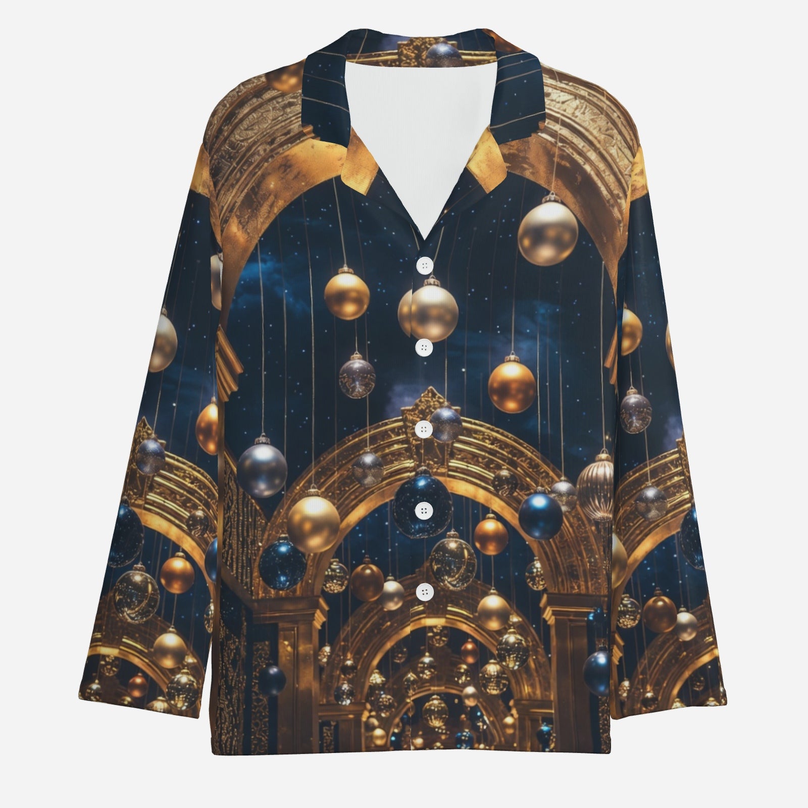 Gilded Arch Pajama Set – Luxury Holiday Button-Top & Lounge Pants (Navy & Gold)