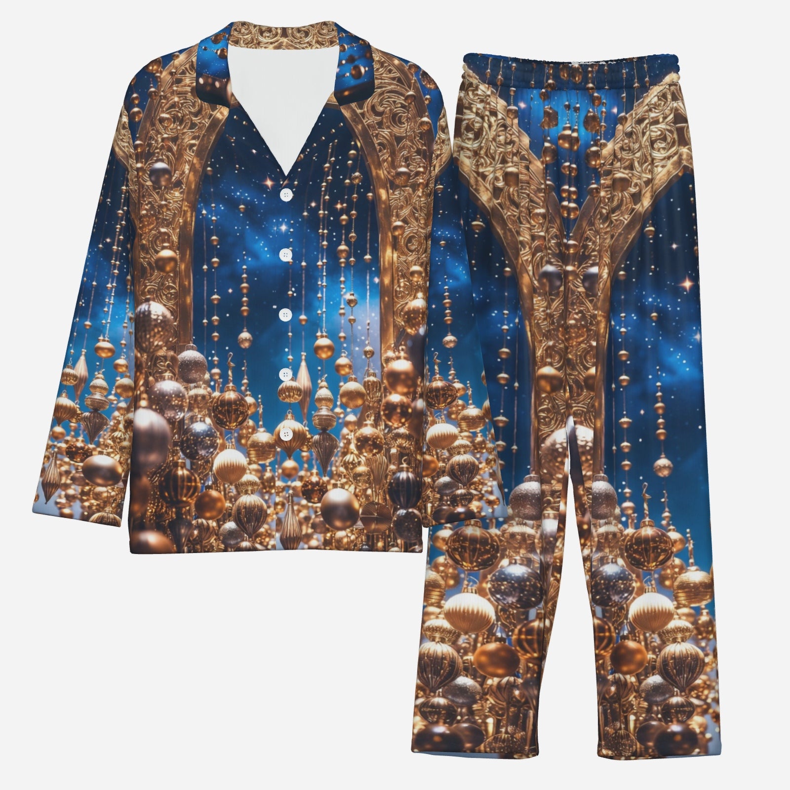 Celestial Gold Pajama Set – Holiday Luxe Button-Top & Lounge Pants (Blue & Gold)