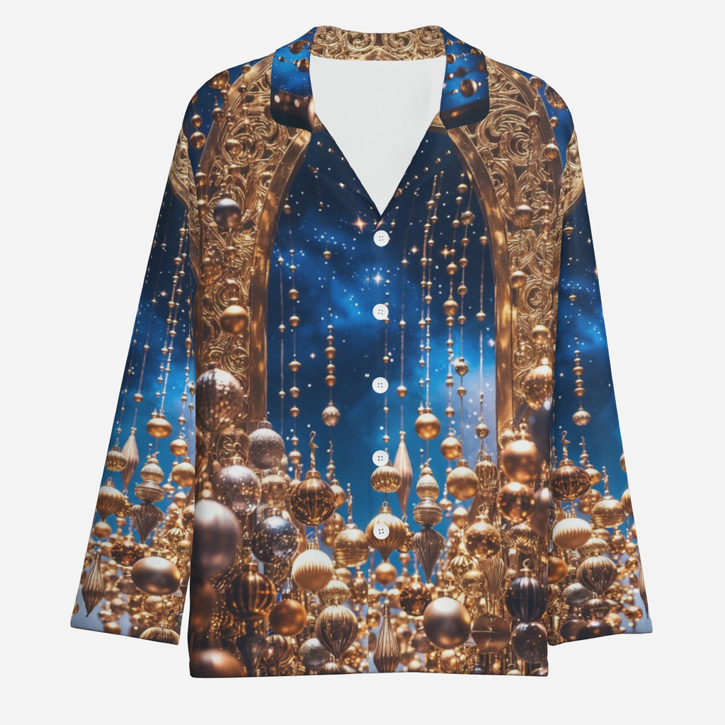 Celestial Gold Pajama Set – Holiday Luxe Button-Top & Lounge Pants (Blue & Gold)