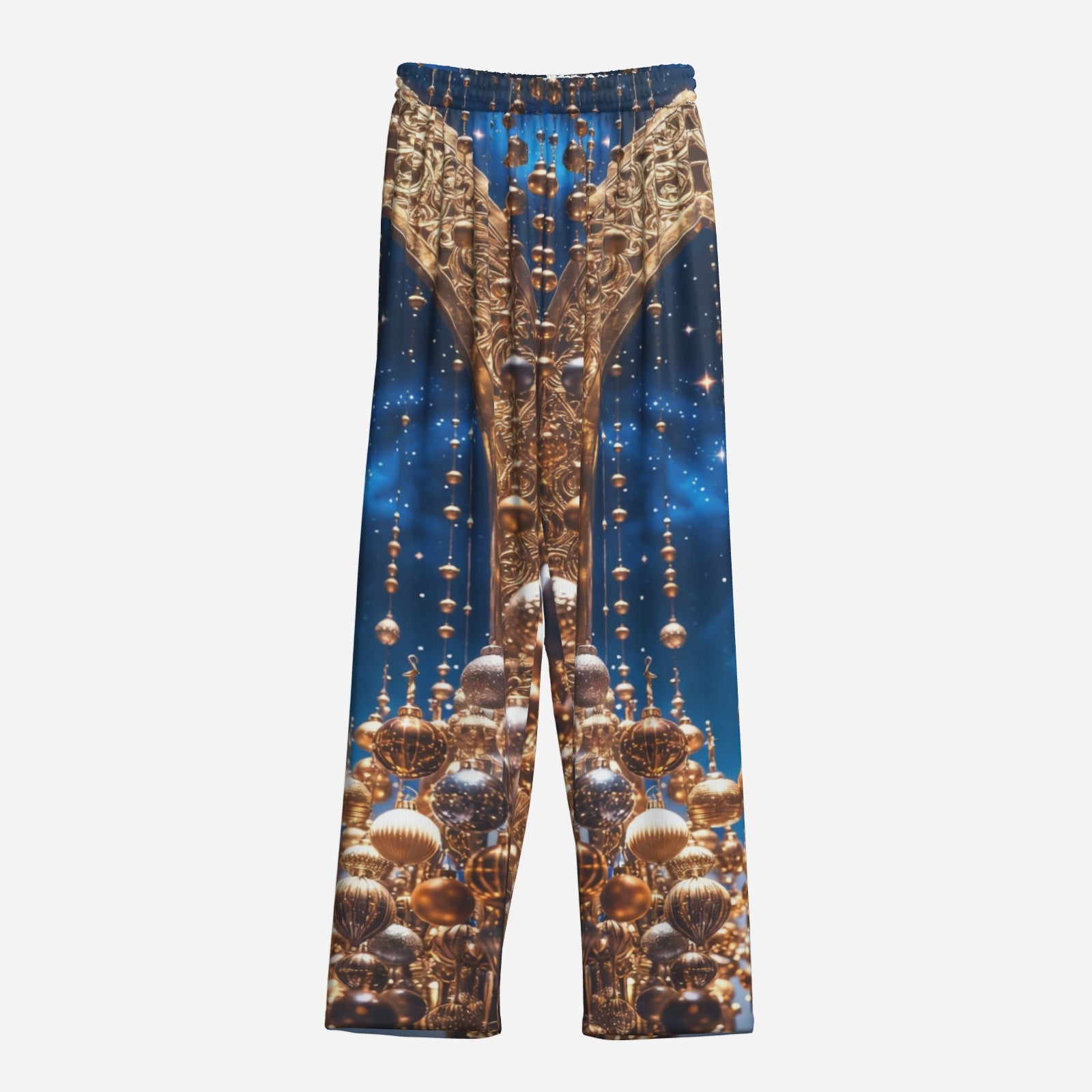 Celestial Gold Pajama Set – Holiday Luxe Button-Top & Lounge Pants (Blue & Gold)