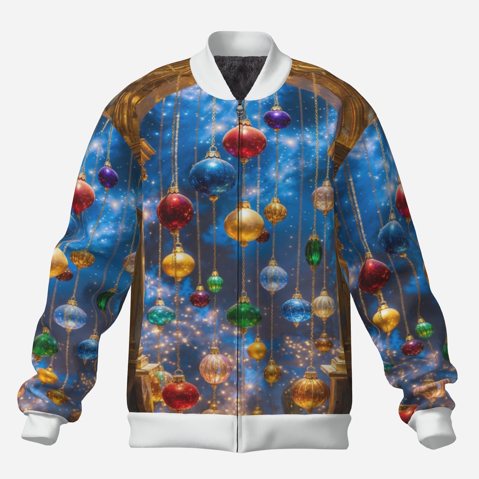 Celestial Ornament Bomber Jacket – Holiday Glam Zip-Up Jacket (Blue & Gold)