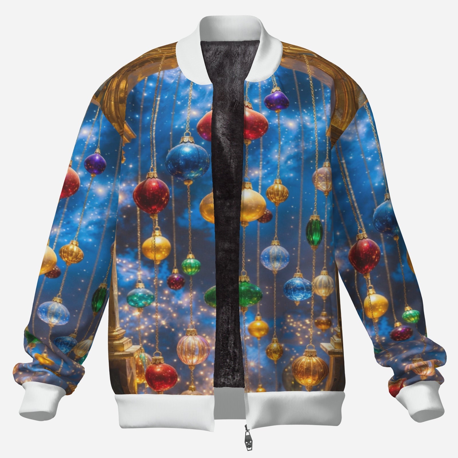 Celestial Ornament Bomber Jacket – Holiday Glam Zip-Up Jacket (Blue & Gold)