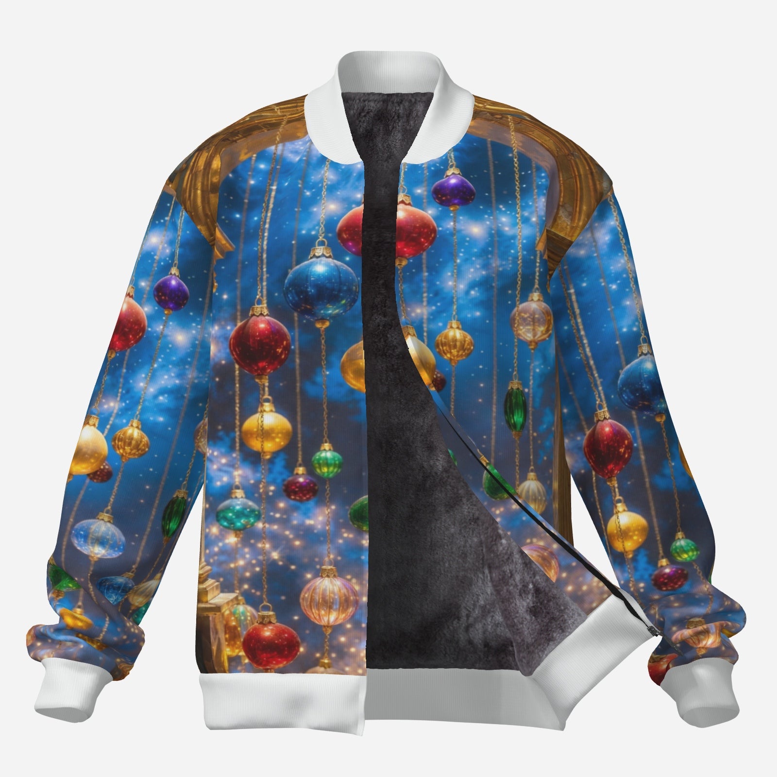 Celestial Ornament Bomber Jacket – Holiday Glam Zip-Up Jacket (Blue & Gold)