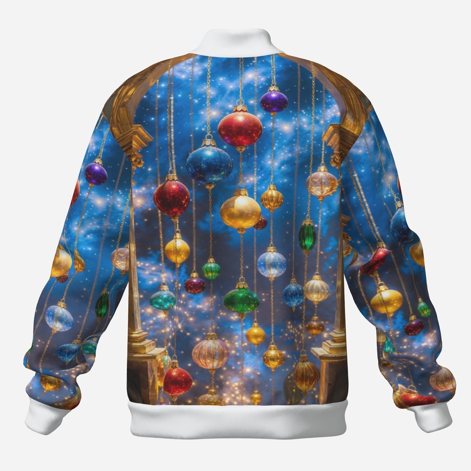 Celestial Ornament Bomber Jacket – Holiday Glam Zip-Up Jacket (Blue & Gold)