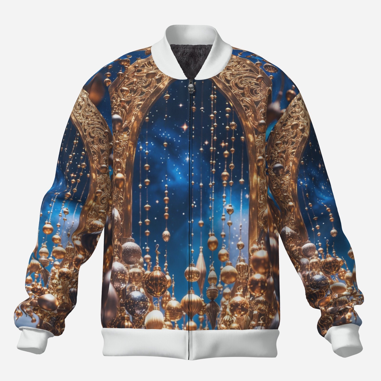 Gilded Arch Bomber Jacket – Holiday Luxe Zip-Up Jacket (Navy & Gold)