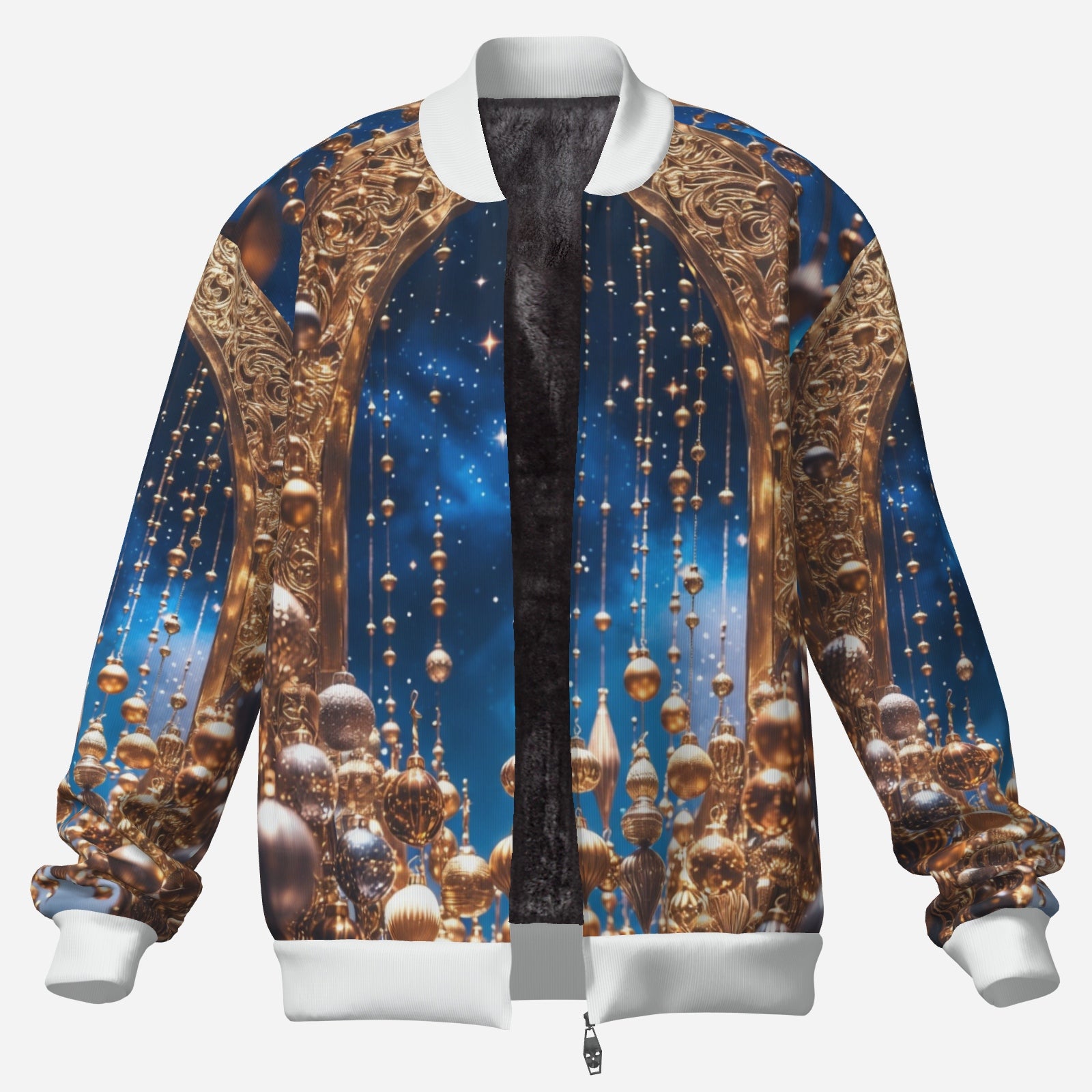 Gilded Arch Bomber Jacket – Holiday Luxe Zip-Up Jacket (Navy & Gold)