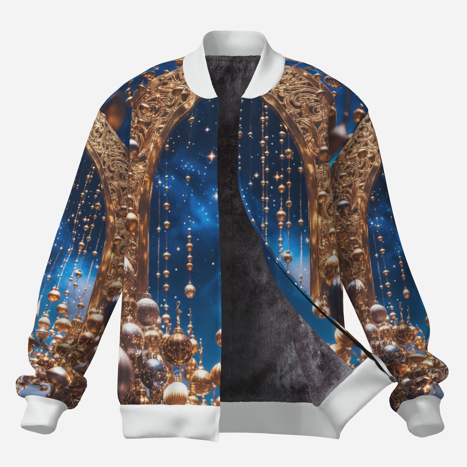 Gilded Arch Bomber Jacket – Holiday Luxe Zip-Up Jacket (Navy & Gold)