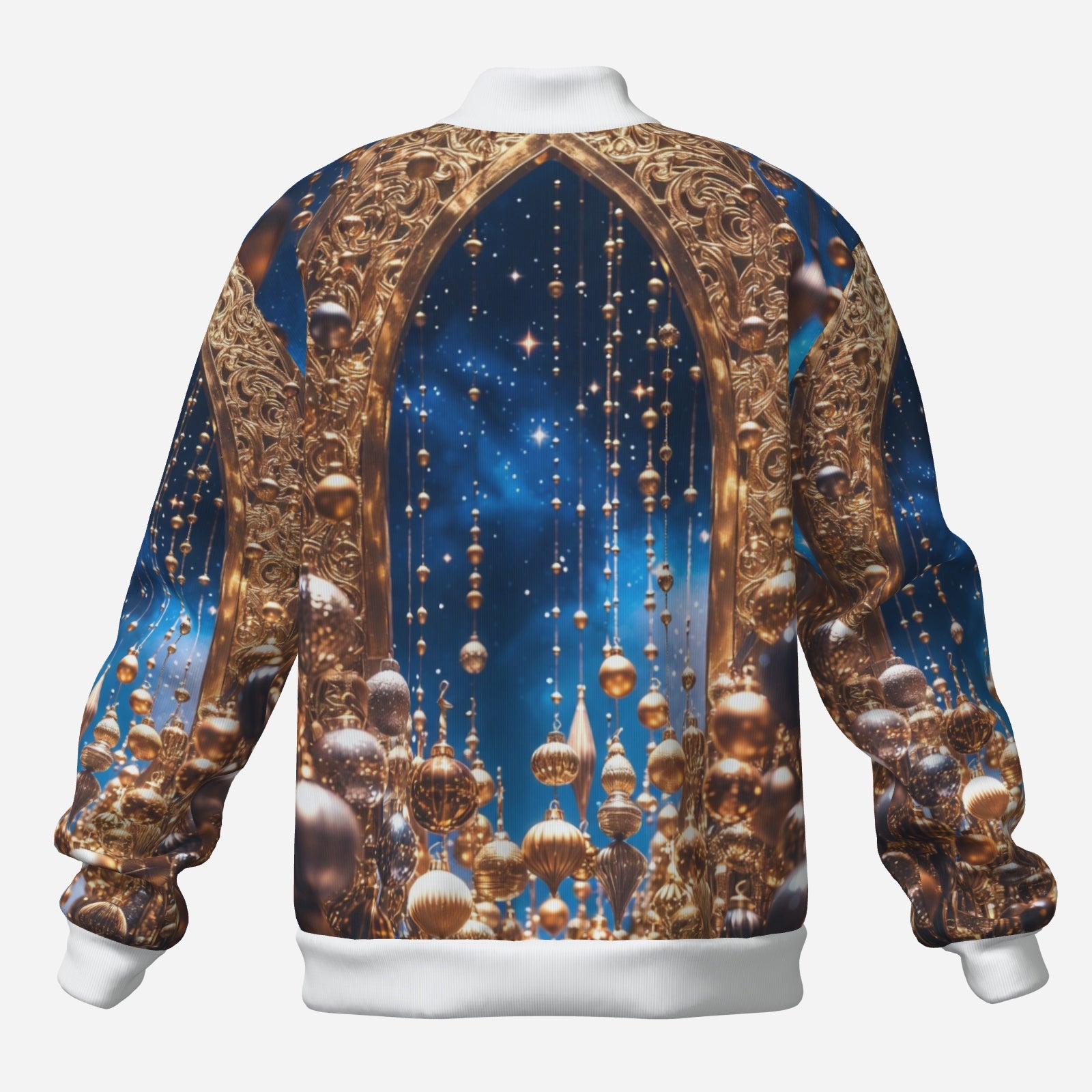 Gilded Arch Bomber Jacket – Holiday Luxe Zip-Up Jacket (Navy & Gold)