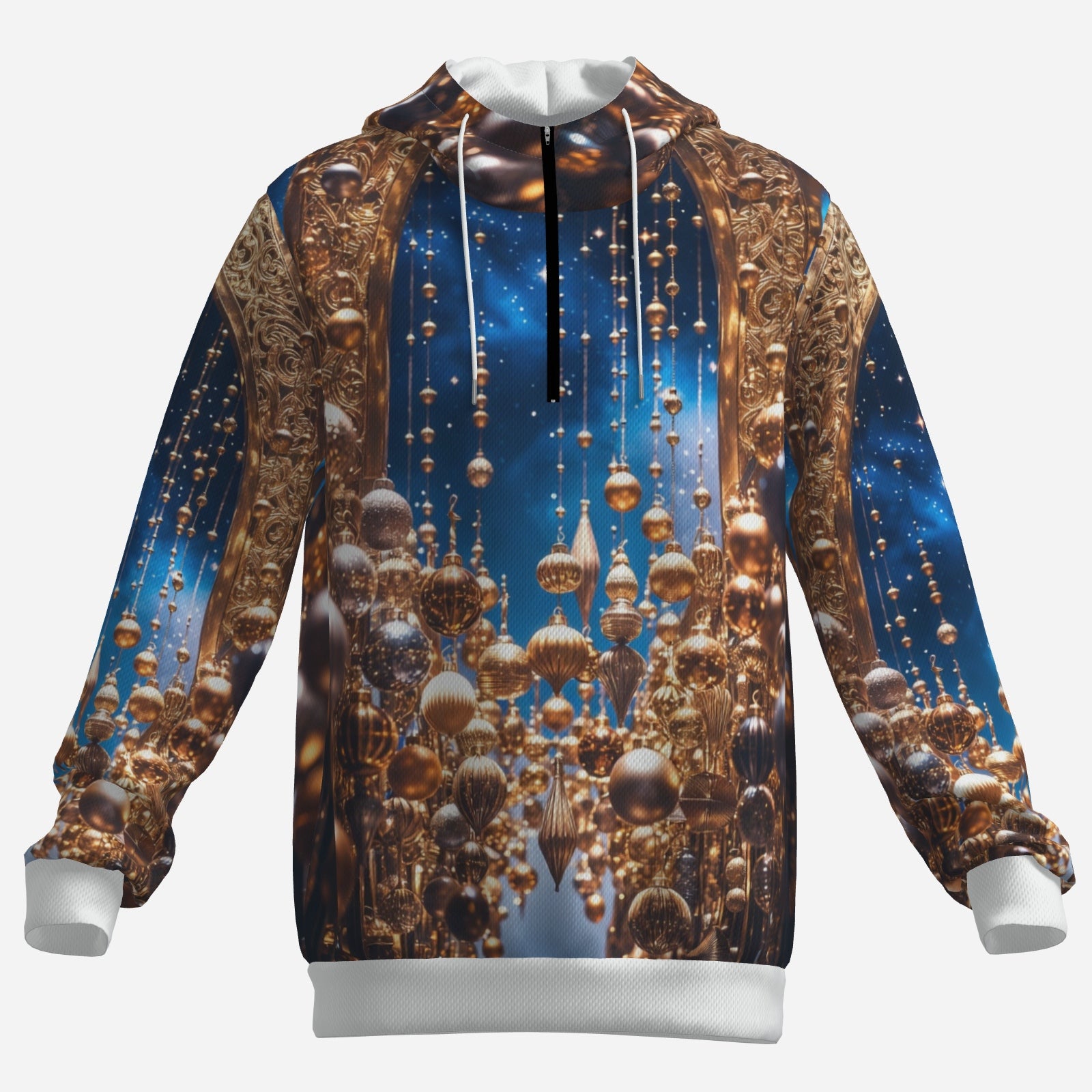 Gilded Ornament Cascade Hoodie – Holiday Luxe Statement Hoodie (Navy & Gold)