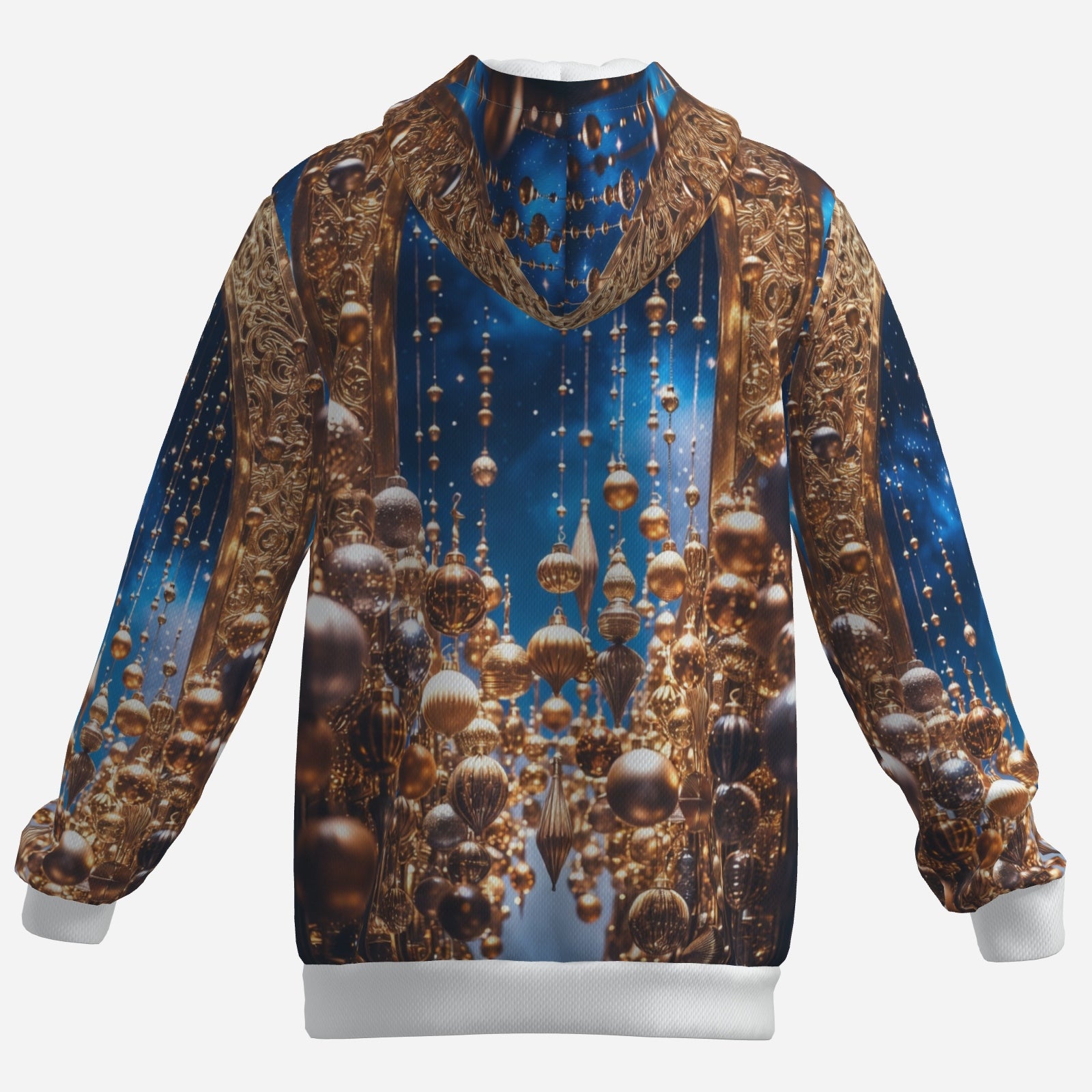 Gilded Ornament Cascade Hoodie – Holiday Luxe Statement Hoodie (Navy & Gold)