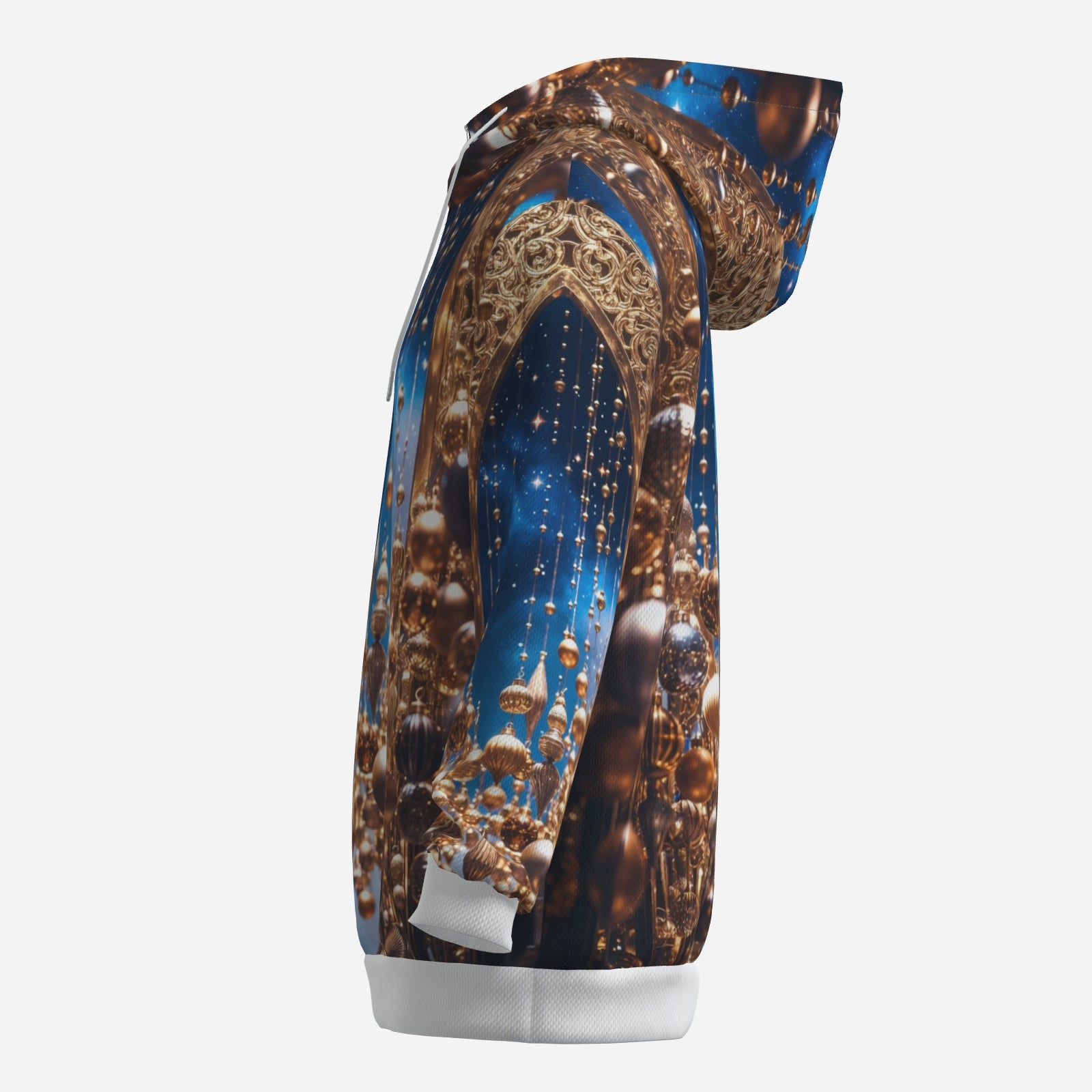 Gilded Ornament Cascade Hoodie – Holiday Luxe Statement Hoodie (Navy & Gold)