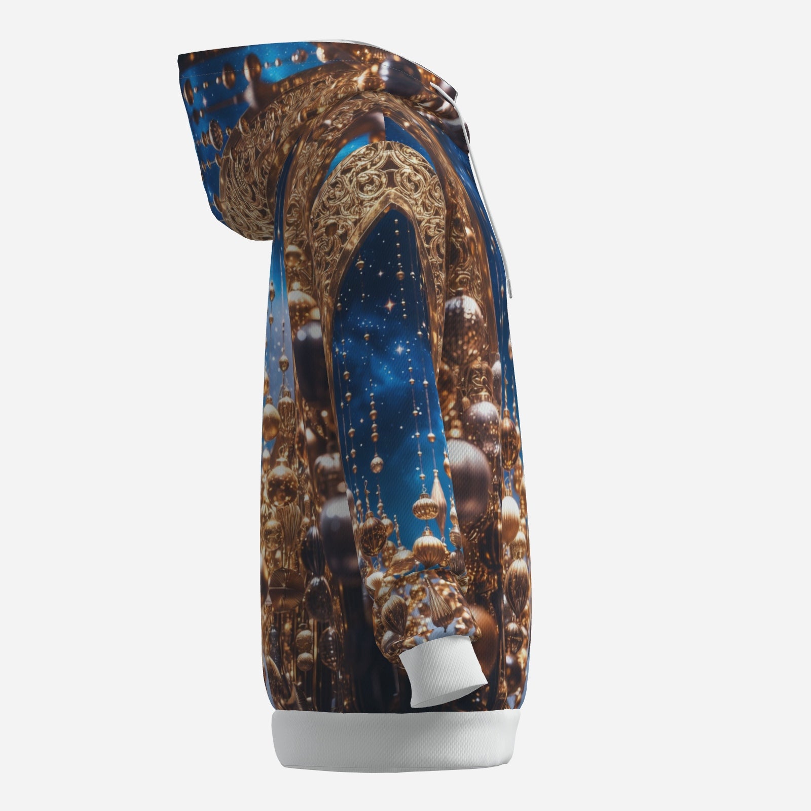 Gilded Ornament Cascade Hoodie – Holiday Luxe Statement Hoodie (Navy & Gold)