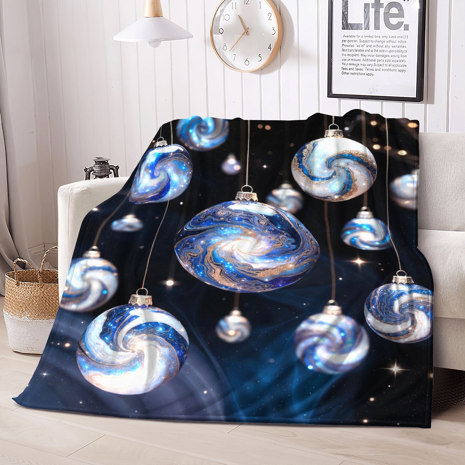 Galaxy Ornament Throw Blanket – Holiday Glam Celestial Winter Decor (Midnight Blue)