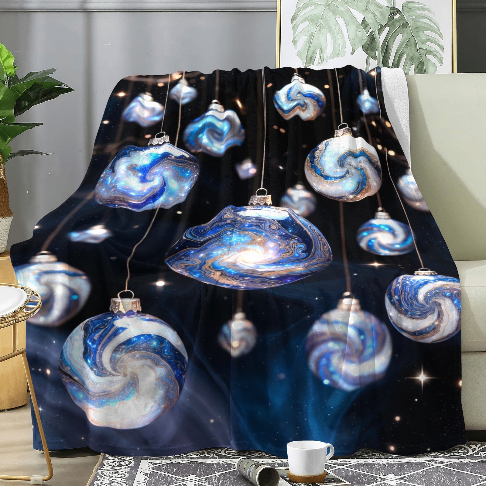 Galaxy Ornament Throw Blanket – Holiday Glam Celestial Winter Decor (Midnight Blue)