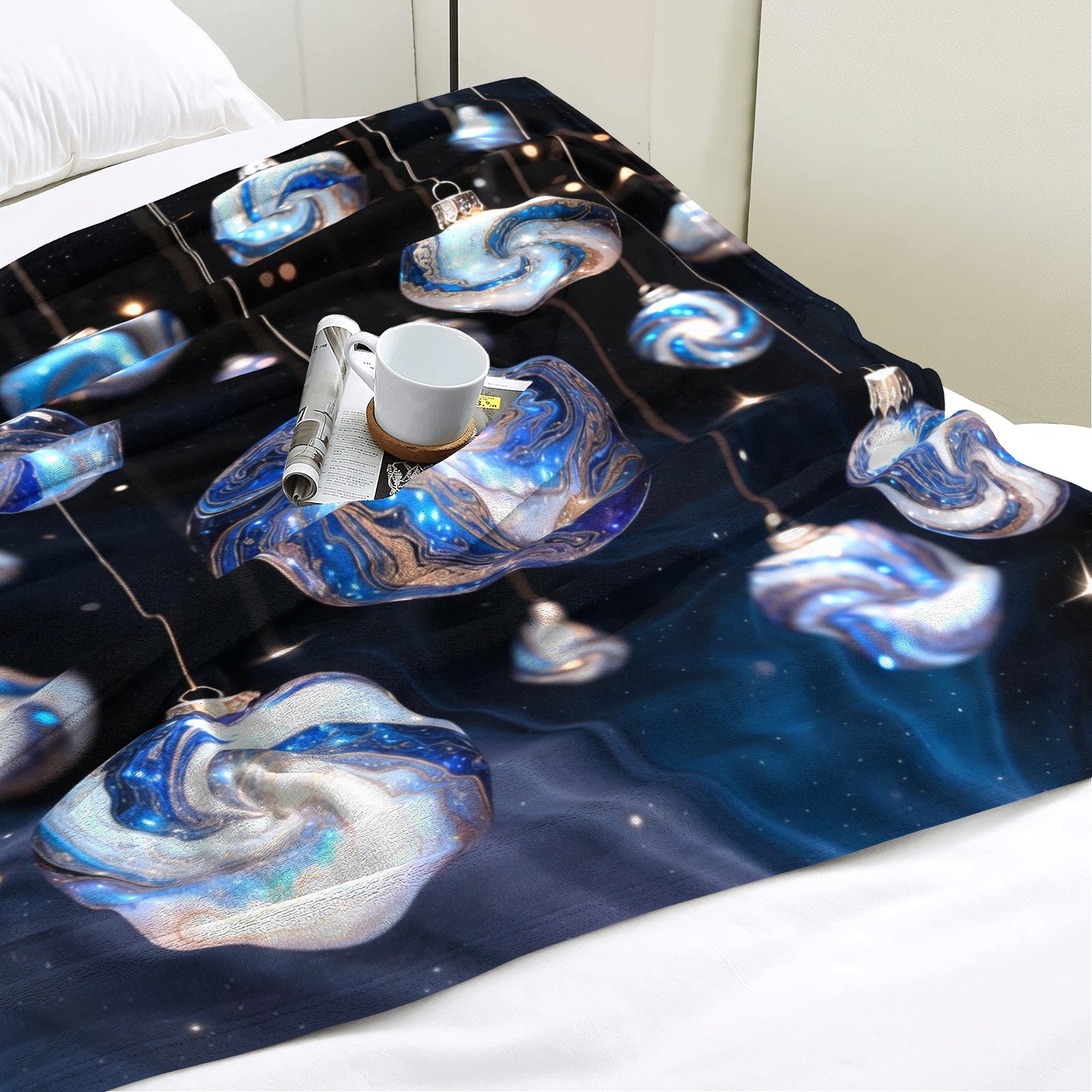 Galaxy Ornament Throw Blanket – Holiday Glam Celestial Winter Decor (Midnight Blue)