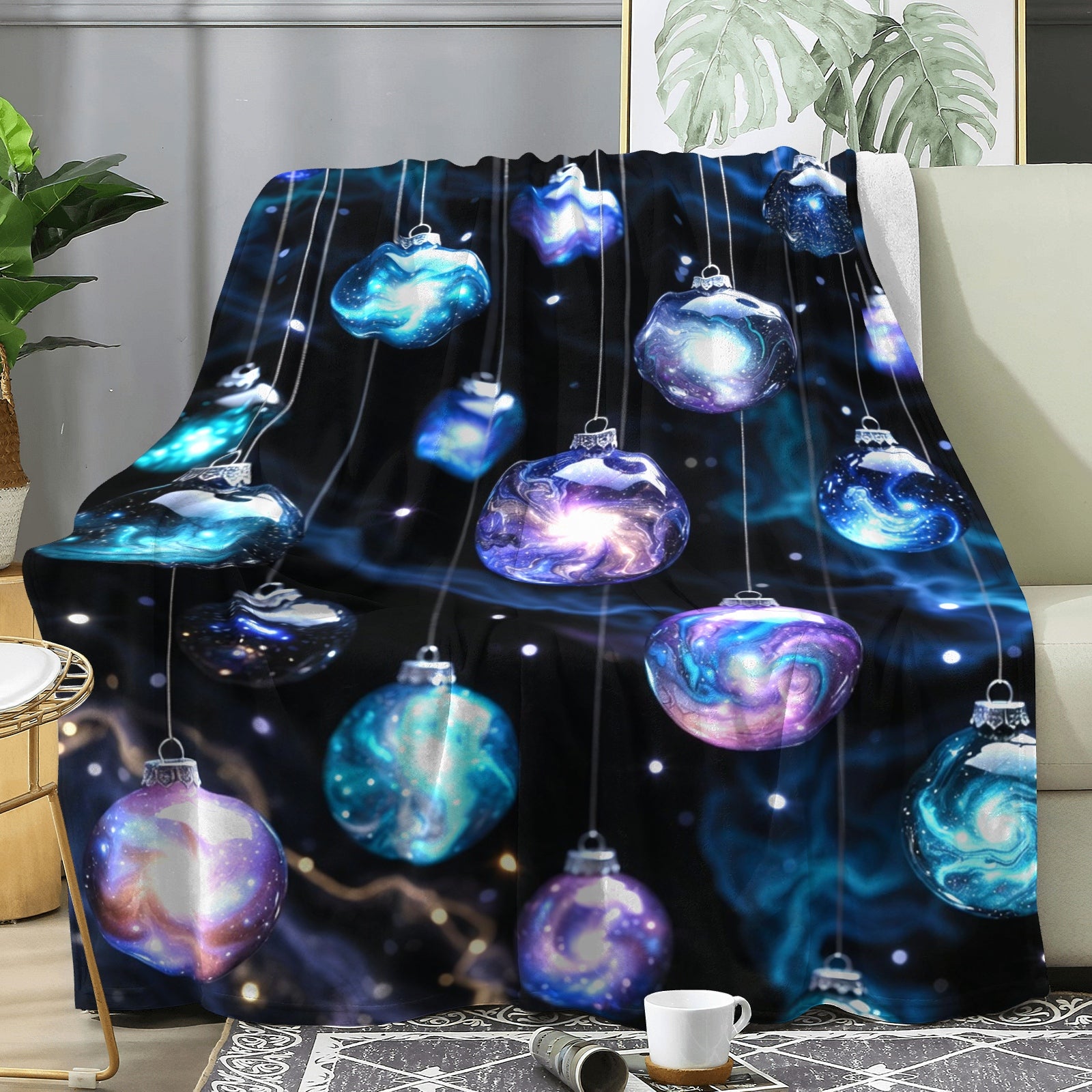 Nebula Ornament Throw Blanket – Holiday Glam Celestial Winter Decor (Midnight Sky)