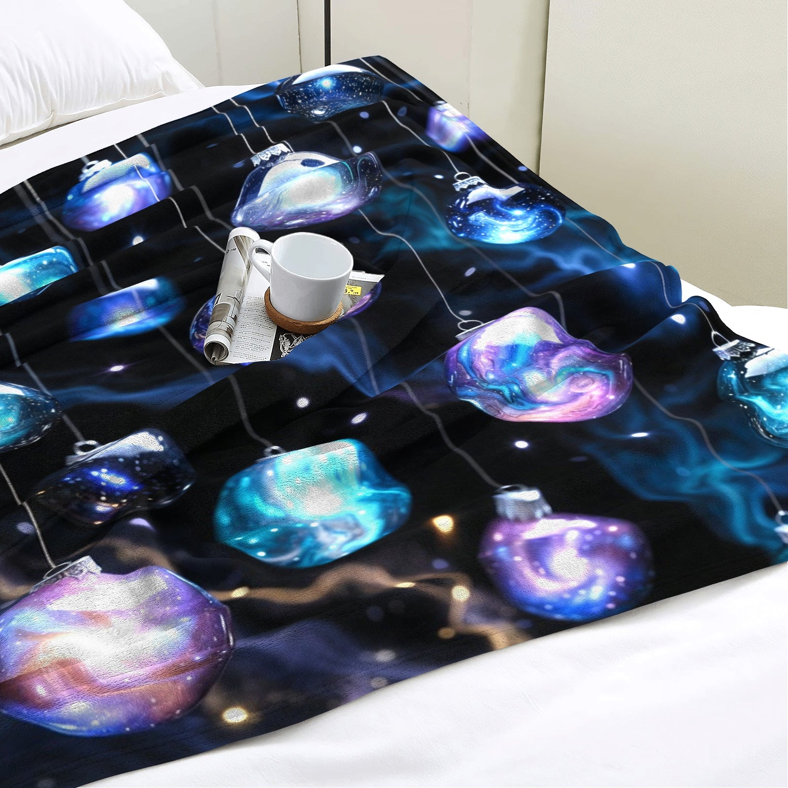 Nebula Ornament Throw Blanket – Holiday Glam Celestial Winter Decor (Midnight Sky)