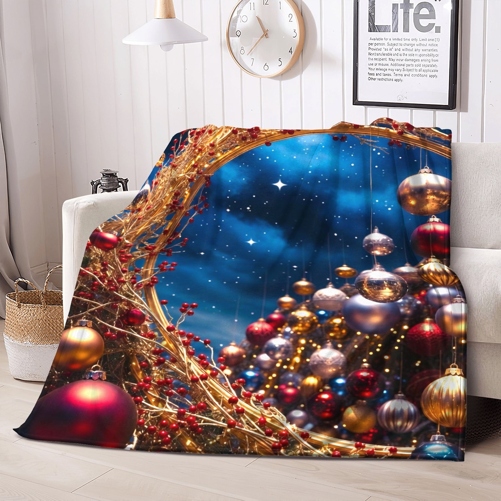 Ruby & Gold Ornament Throw Blanket – Holiday Glam Starry Night Decor (Red, Gold & Navy)