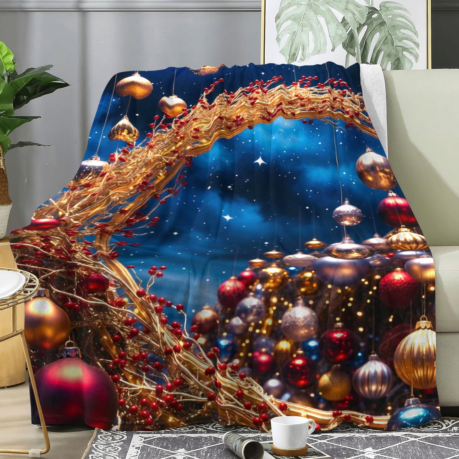 Ruby & Gold Ornament Throw Blanket – Holiday Glam Starry Night Decor (Red, Gold & Navy)