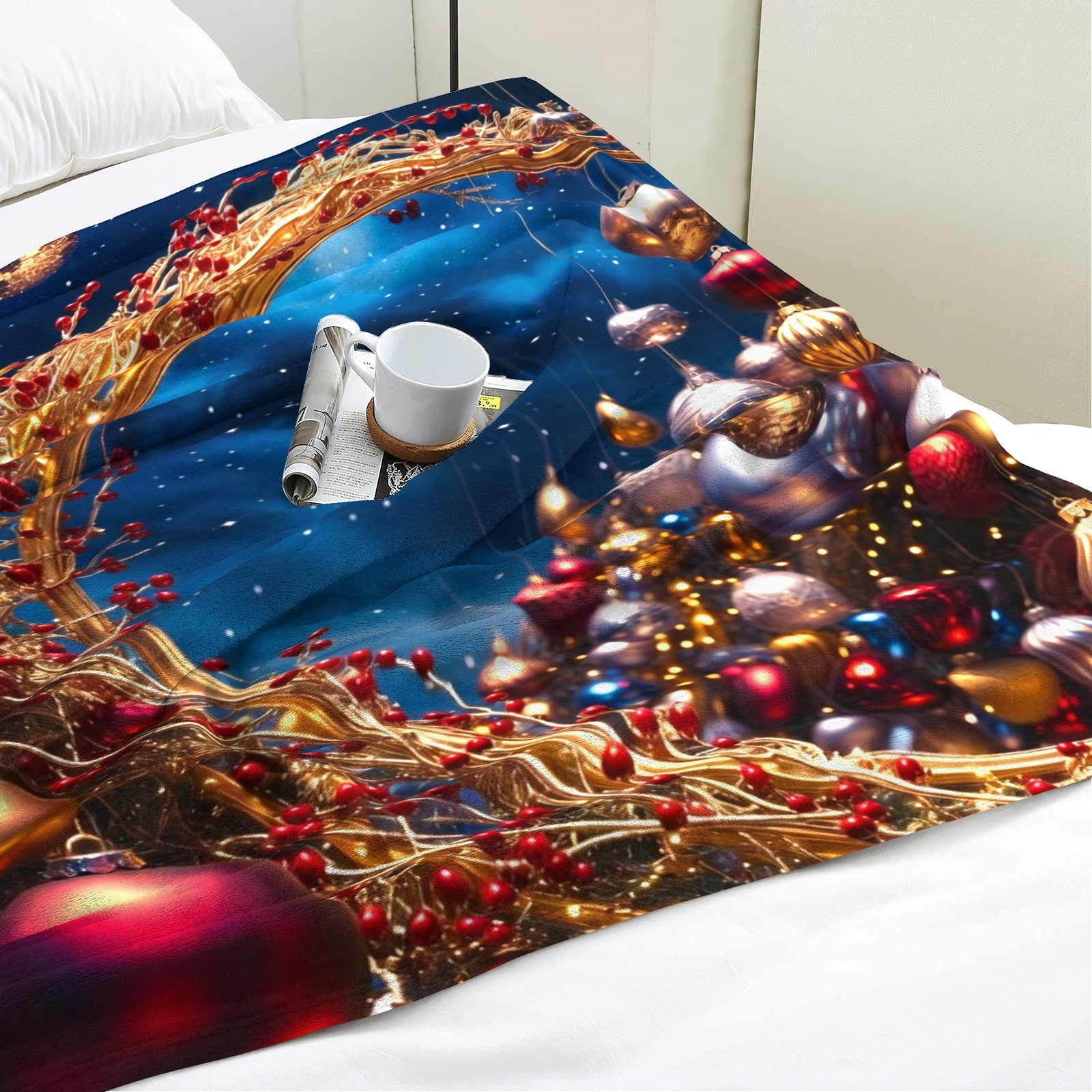 Ruby & Gold Ornament Throw Blanket – Holiday Glam Starry Night Decor (Red, Gold & Navy)