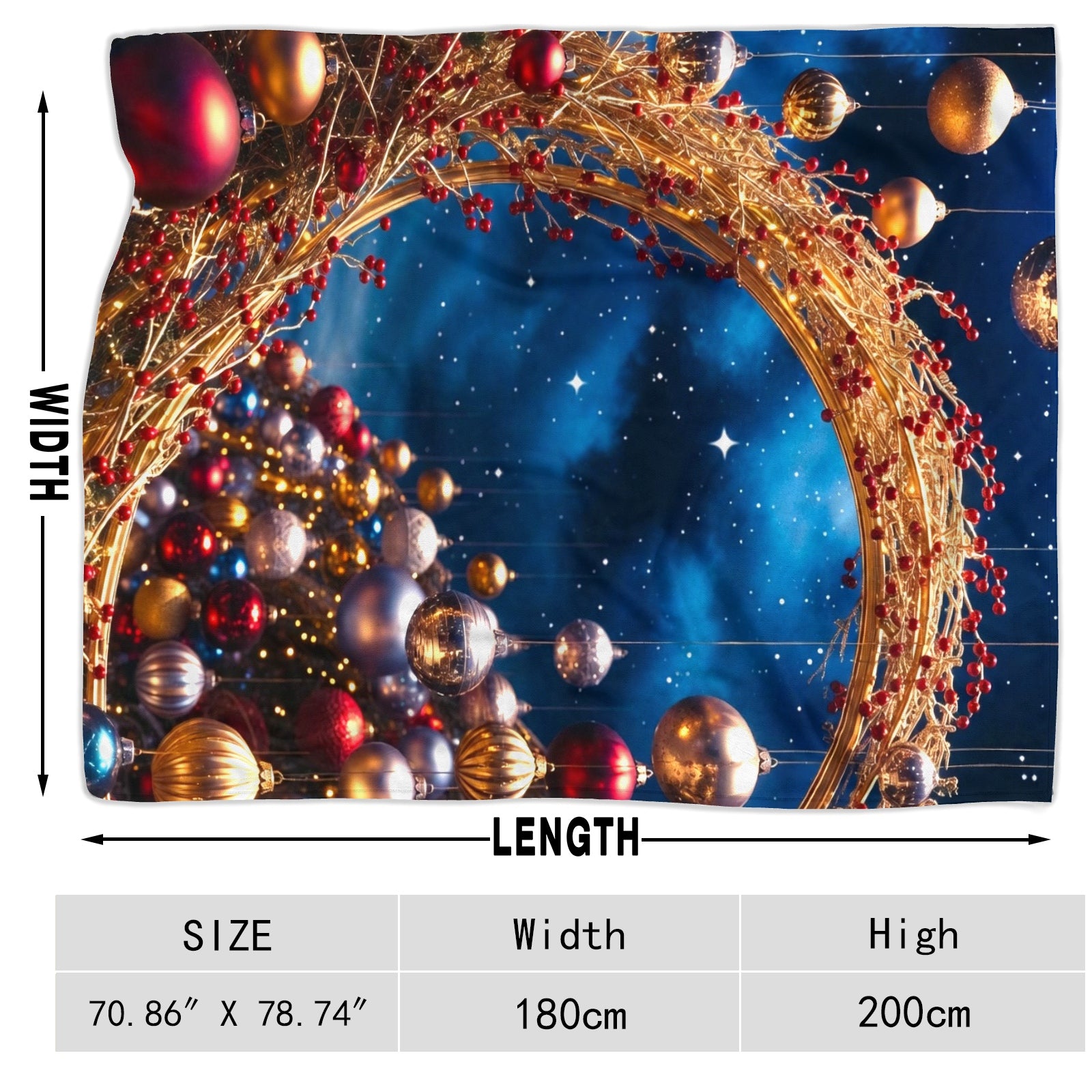 Ruby & Gold Ornament Throw Blanket – Holiday Glam Starry Night Decor (Red, Gold & Navy)