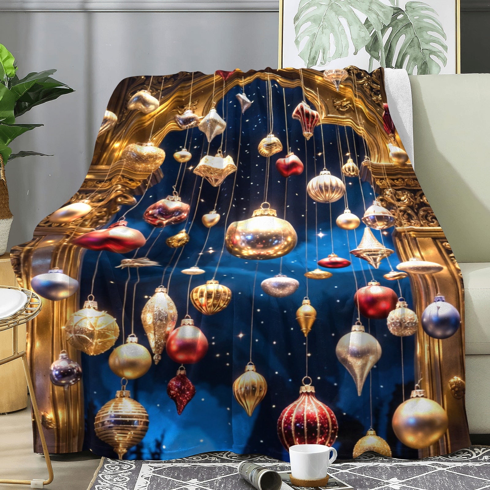 Grand Ornament Arch Throw Blanket – Luxury Holiday Ornament Decor (Blue & Gold)