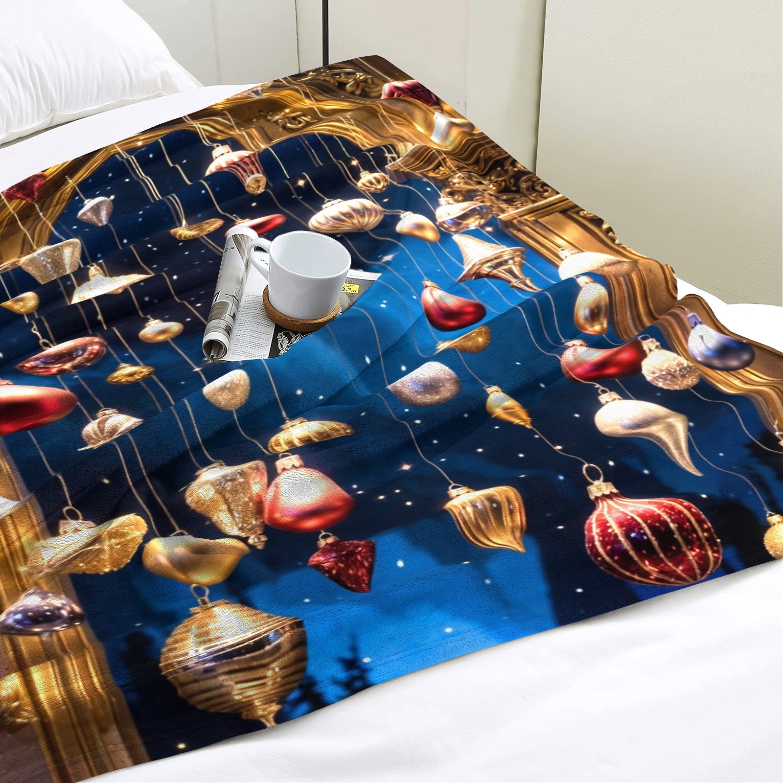 Grand Ornament Arch Throw Blanket – Luxury Holiday Ornament Decor (Blue & Gold)