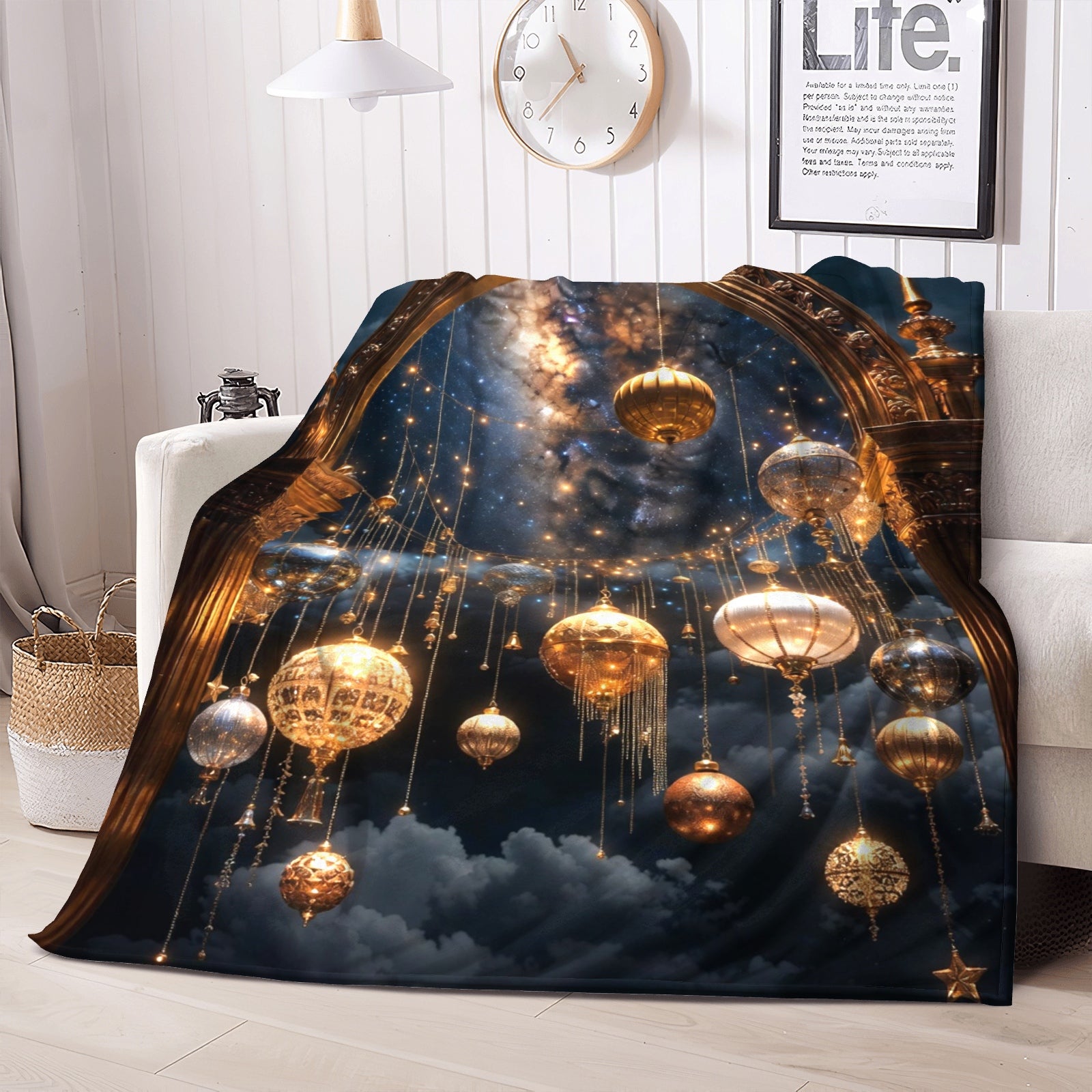 Midnight Lantern Luxe Throw Blanket – Holiday Glam Night Sky Decor (Gold & Midnight Blue)