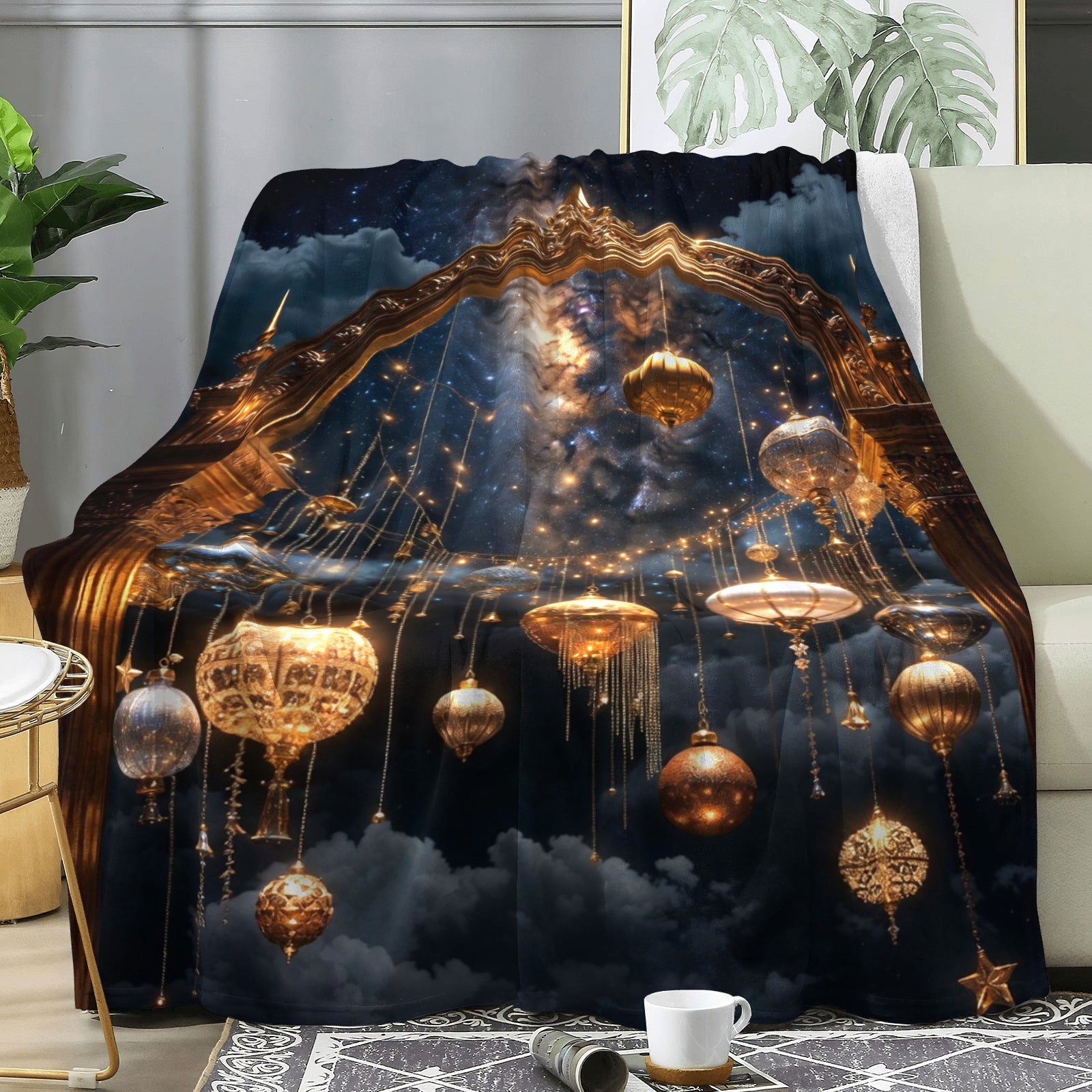 Midnight Lantern Luxe Throw Blanket – Holiday Glam Night Sky Decor (Gold & Midnight Blue)