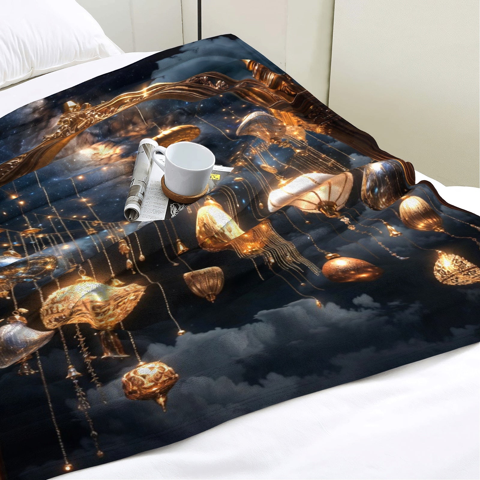 Midnight Lantern Luxe Throw Blanket – Holiday Glam Night Sky Decor (Gold & Midnight Blue)