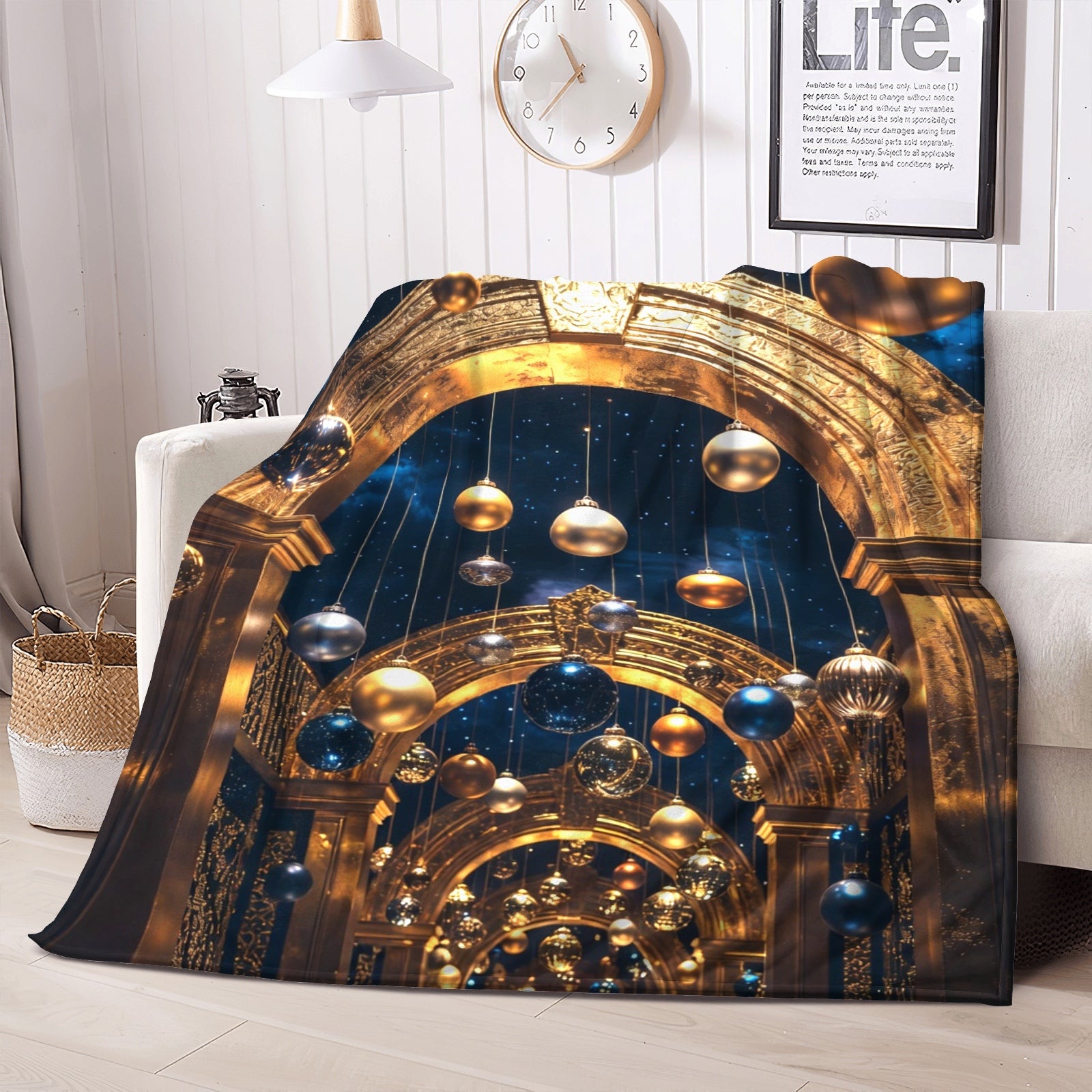 Golden Grand Hall Throw Blanket – Holiday Glam Palace Ornament Decor (Gold & Midnight Blue)