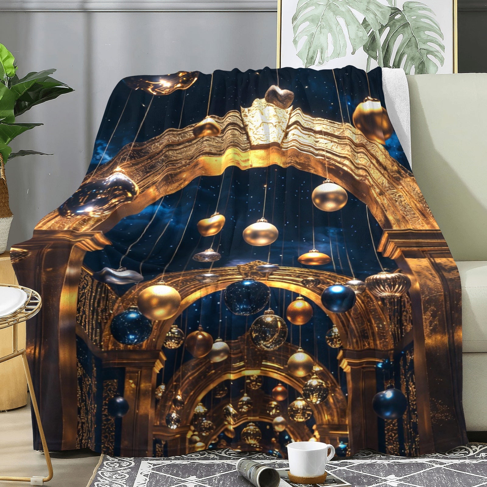 Golden Grand Hall Throw Blanket – Holiday Glam Palace Ornament Decor (Gold & Midnight Blue)