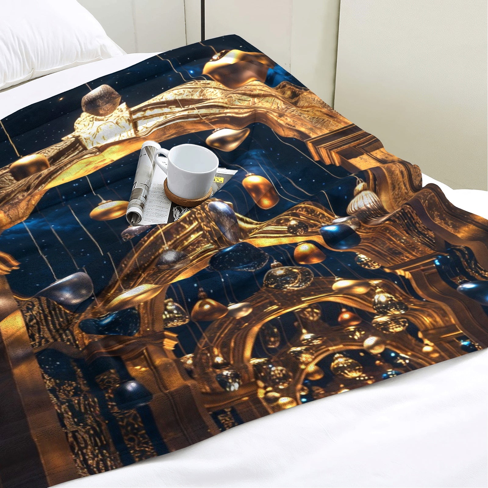 Golden Grand Hall Throw Blanket – Holiday Glam Palace Ornament Decor (Gold & Midnight Blue)