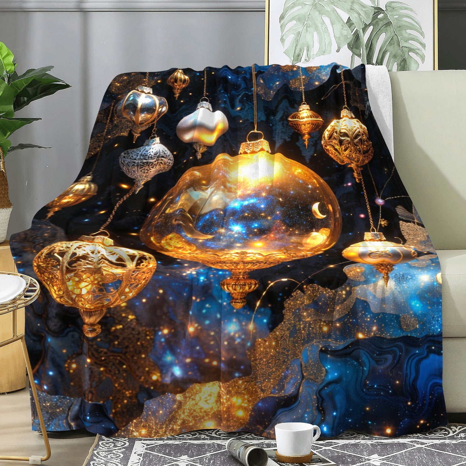 Celestial Ornament Glow Throw Blanket – Holiday Glam Galaxy Decor (Gold & Midnight Blue)