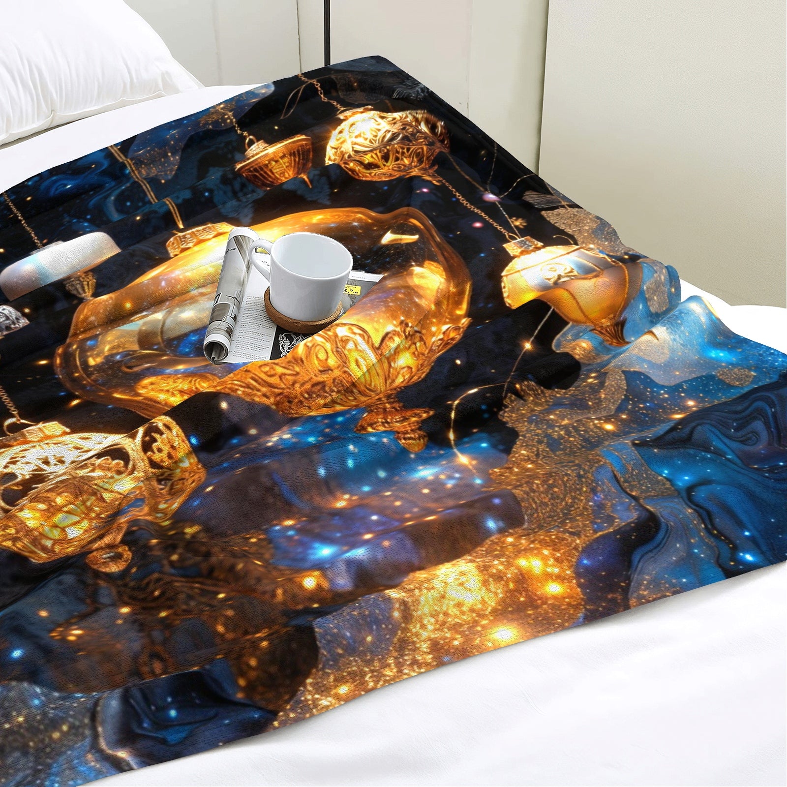 Celestial Ornament Glow Throw Blanket – Holiday Glam Galaxy Decor (Gold & Midnight Blue)
