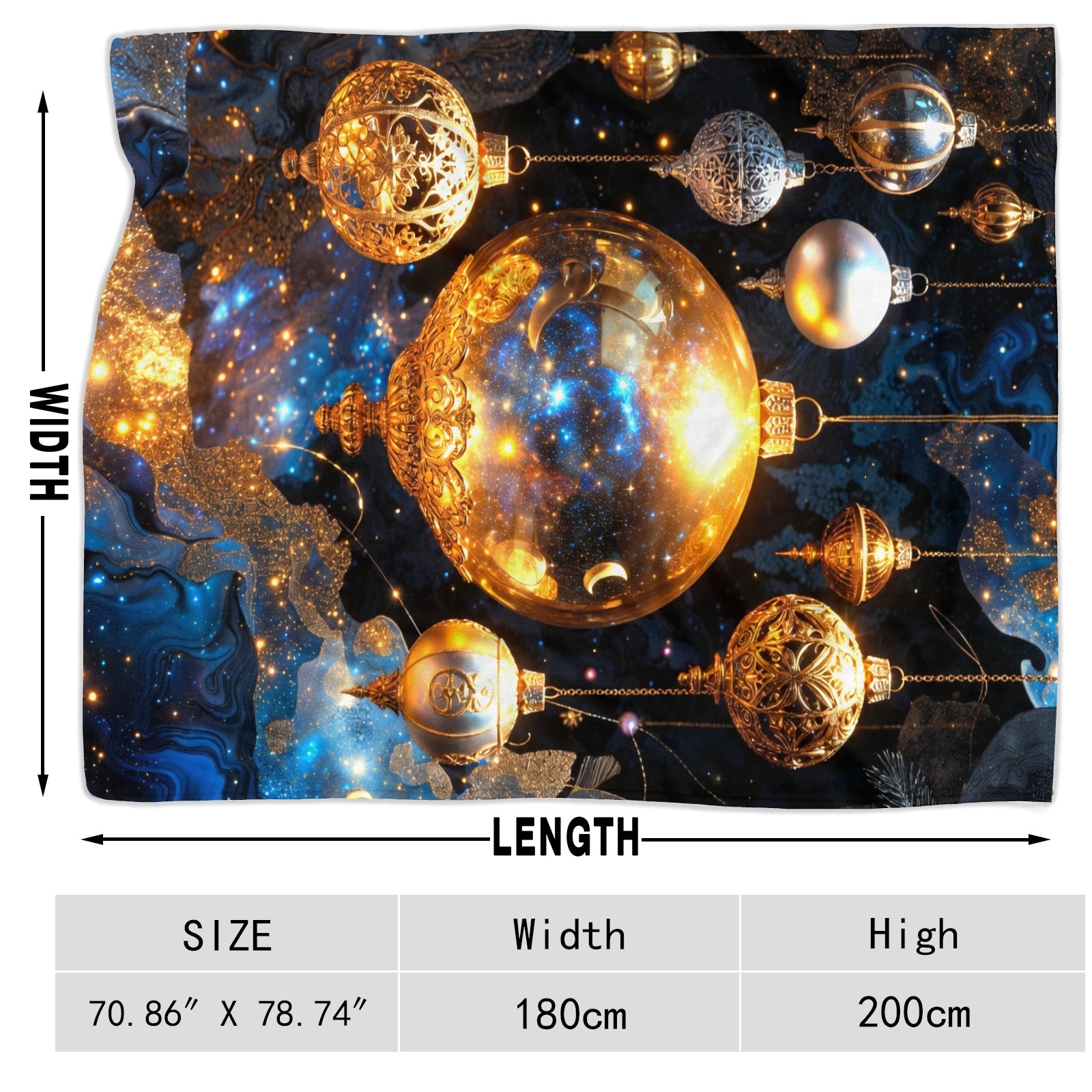 Celestial Ornament Glow Throw Blanket – Holiday Glam Galaxy Decor (Gold & Midnight Blue)