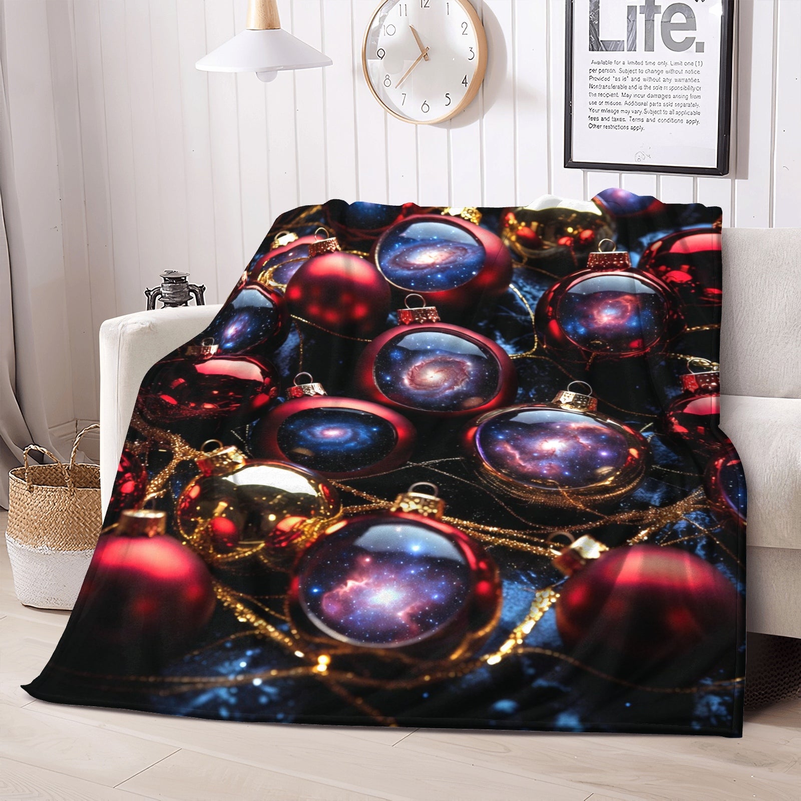 Galaxy Baubles Throw Blanket – Holiday Glam Red Ornaments + Cosmic Glow Decor
