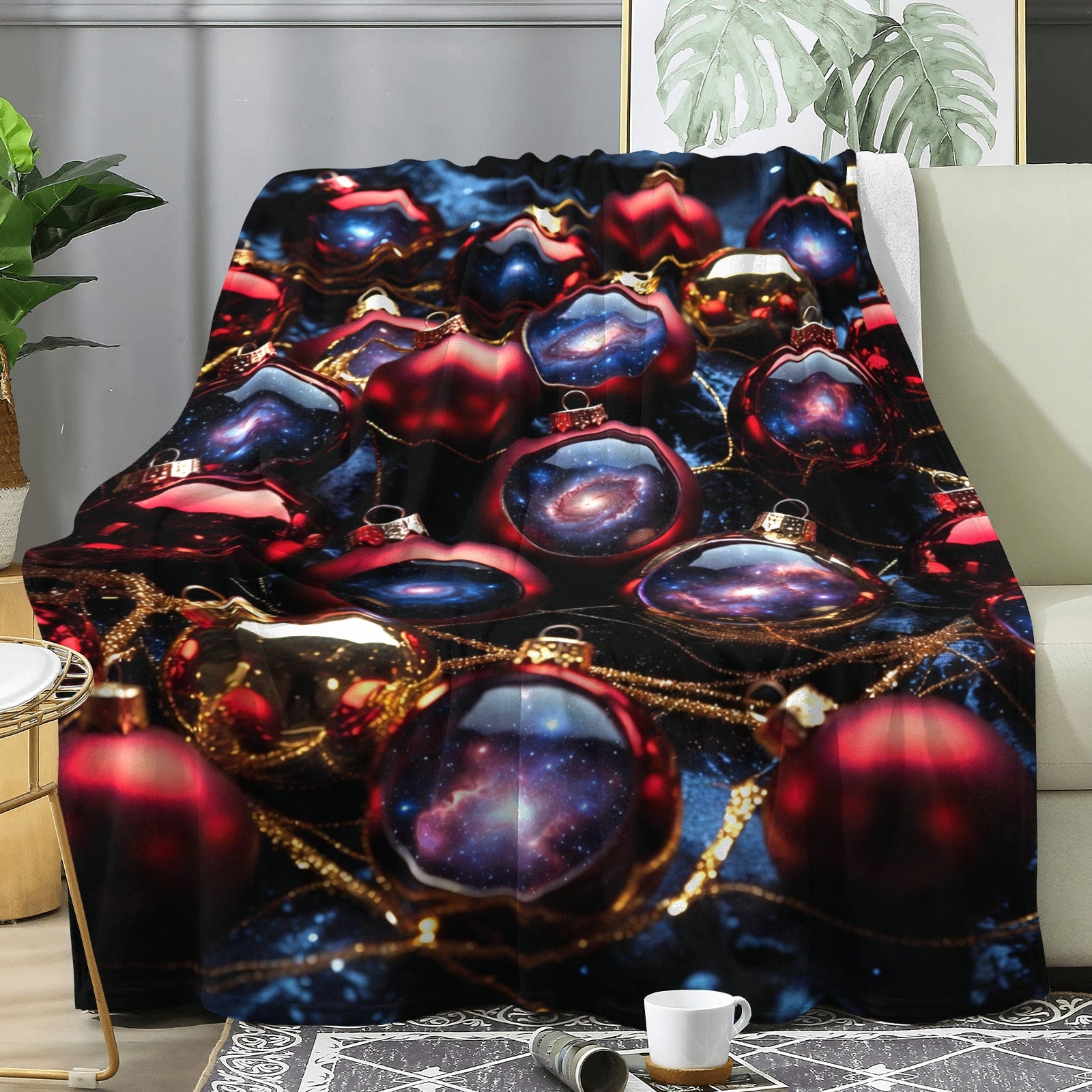 Galaxy Baubles Throw Blanket – Holiday Glam Red Ornaments + Cosmic Glow Decor
