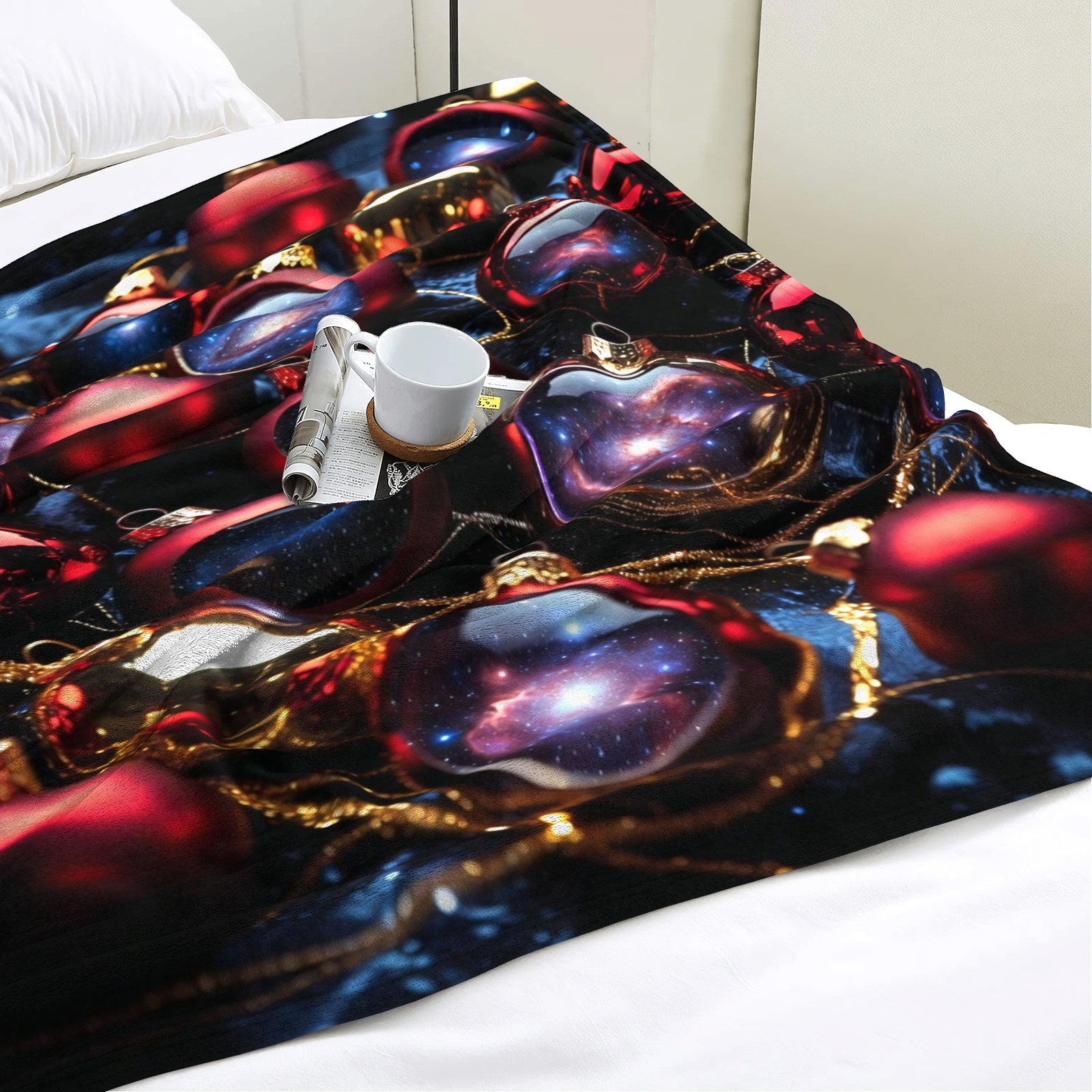 Galaxy Baubles Throw Blanket – Holiday Glam Red Ornaments + Cosmic Glow Decor