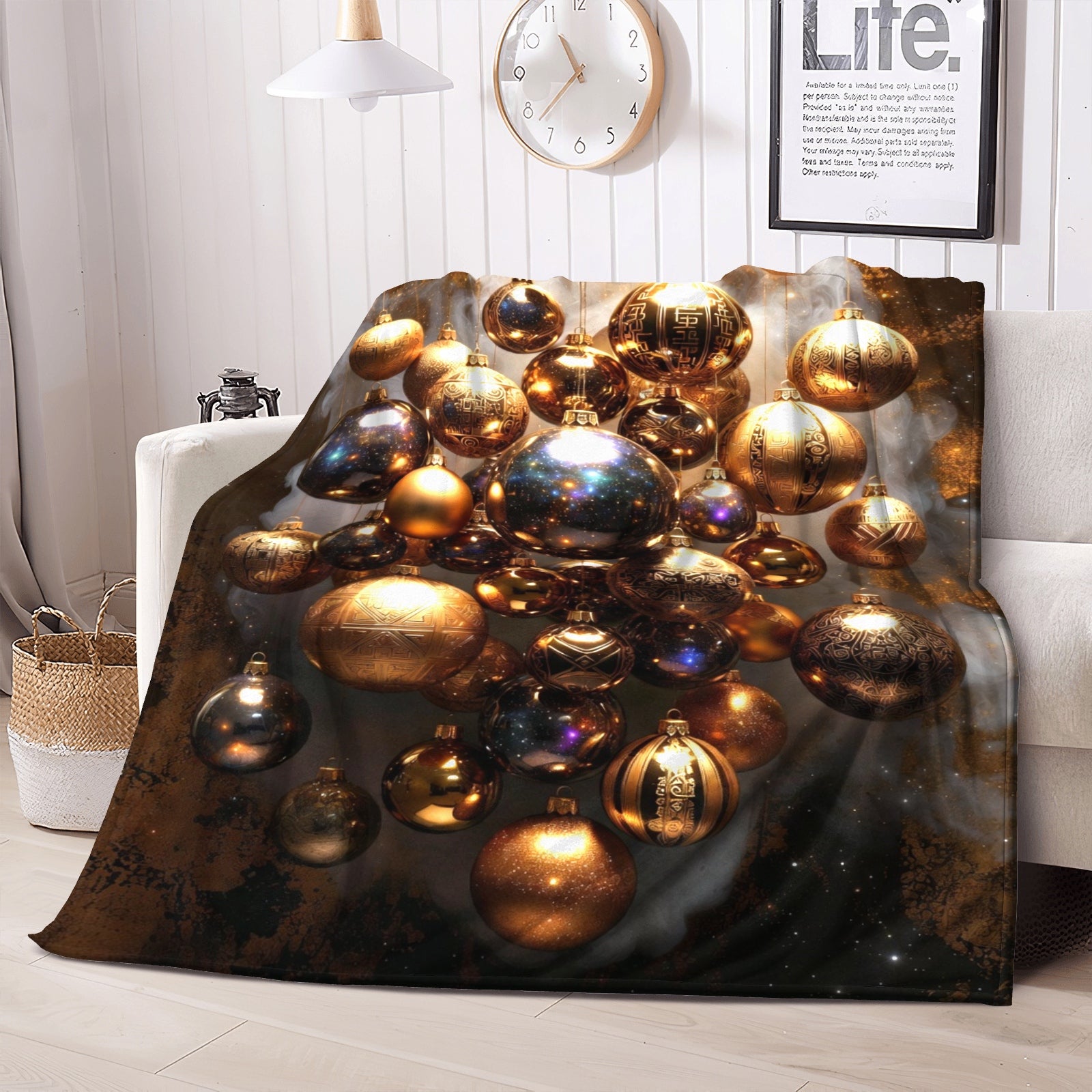 Golden Luxe Ornaments Throw Blanket – Holiday Glam Metallic Baubles + Cozy Winter Decor