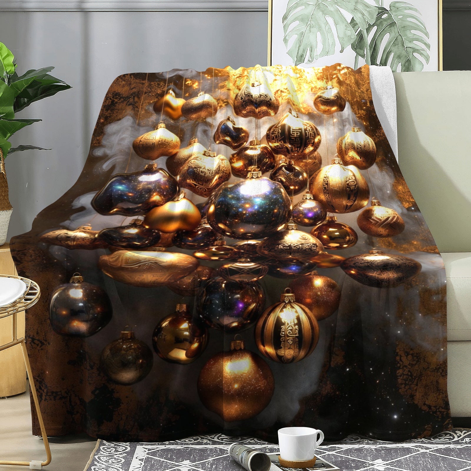 Golden Luxe Ornaments Throw Blanket – Holiday Glam Metallic Baubles + Cozy Winter Decor