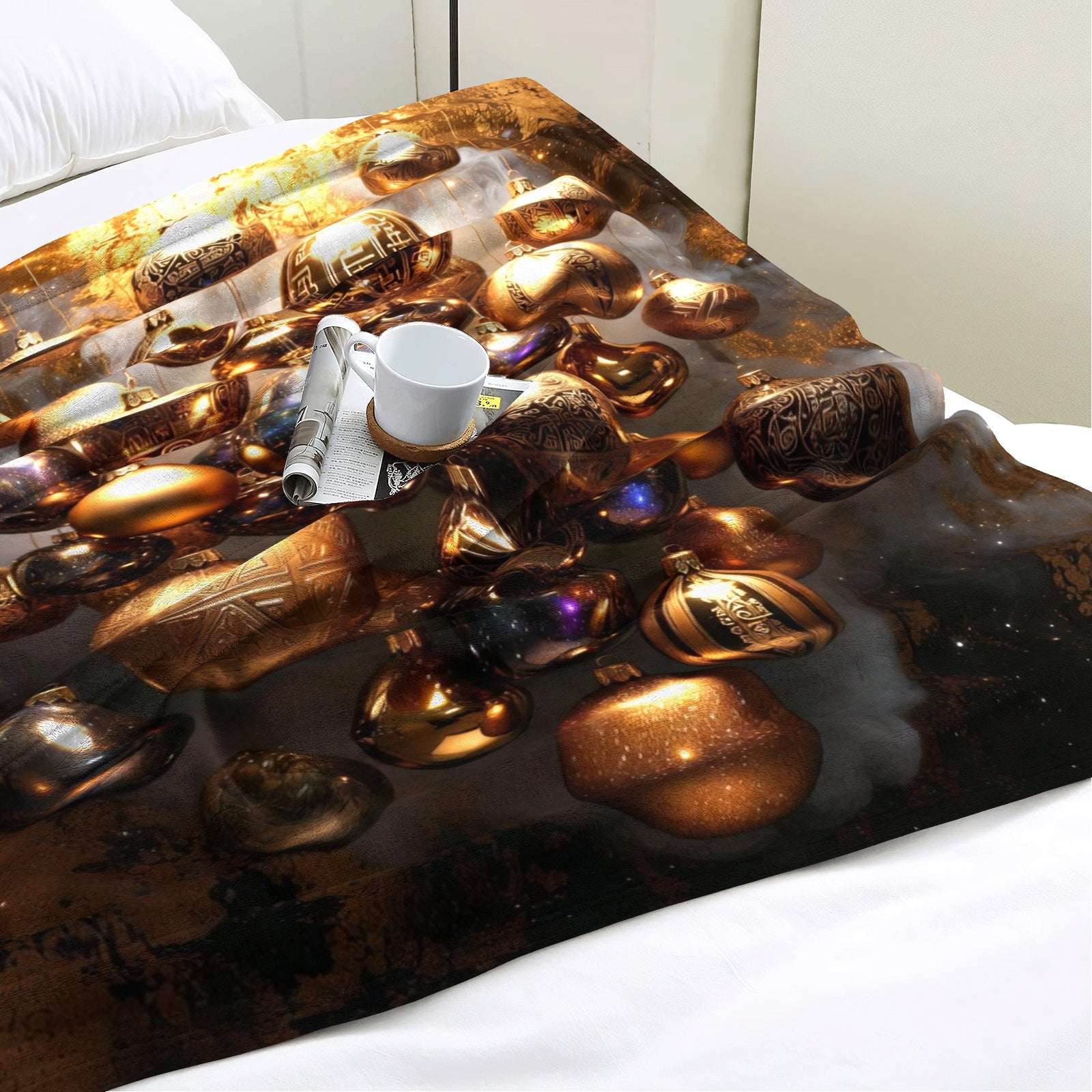 Golden Luxe Ornaments Throw Blanket – Holiday Glam Metallic Baubles + Cozy Winter Decor