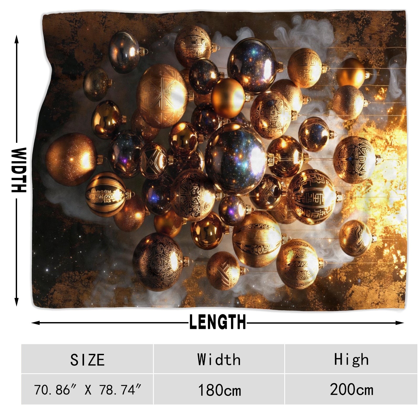 Golden Luxe Ornaments Throw Blanket – Holiday Glam Metallic Baubles + Cozy Winter Decor