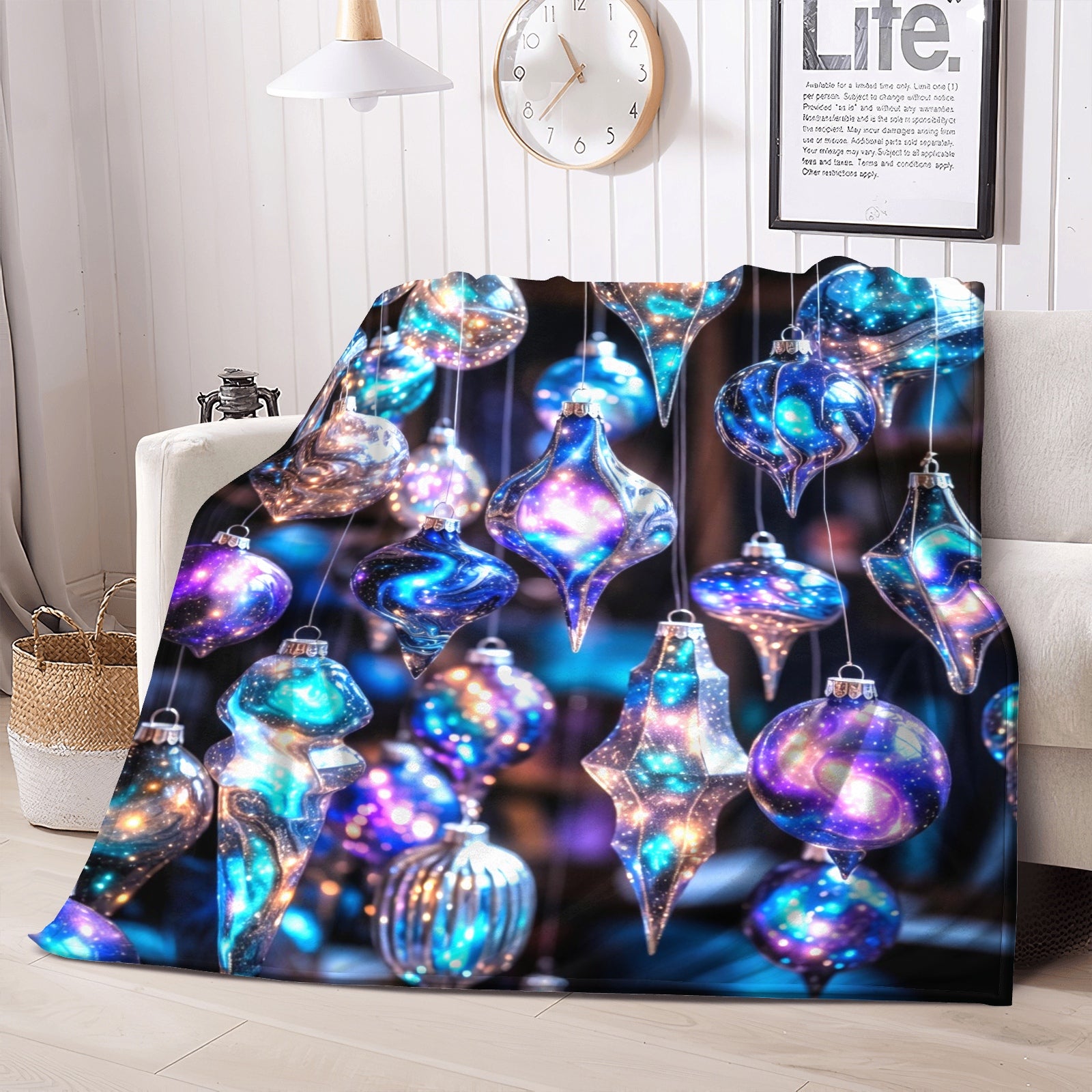 Cosmic Ornament Glow Plush Blanket – Galaxy Blue Holiday Ornaments + Cozy Winter Throw